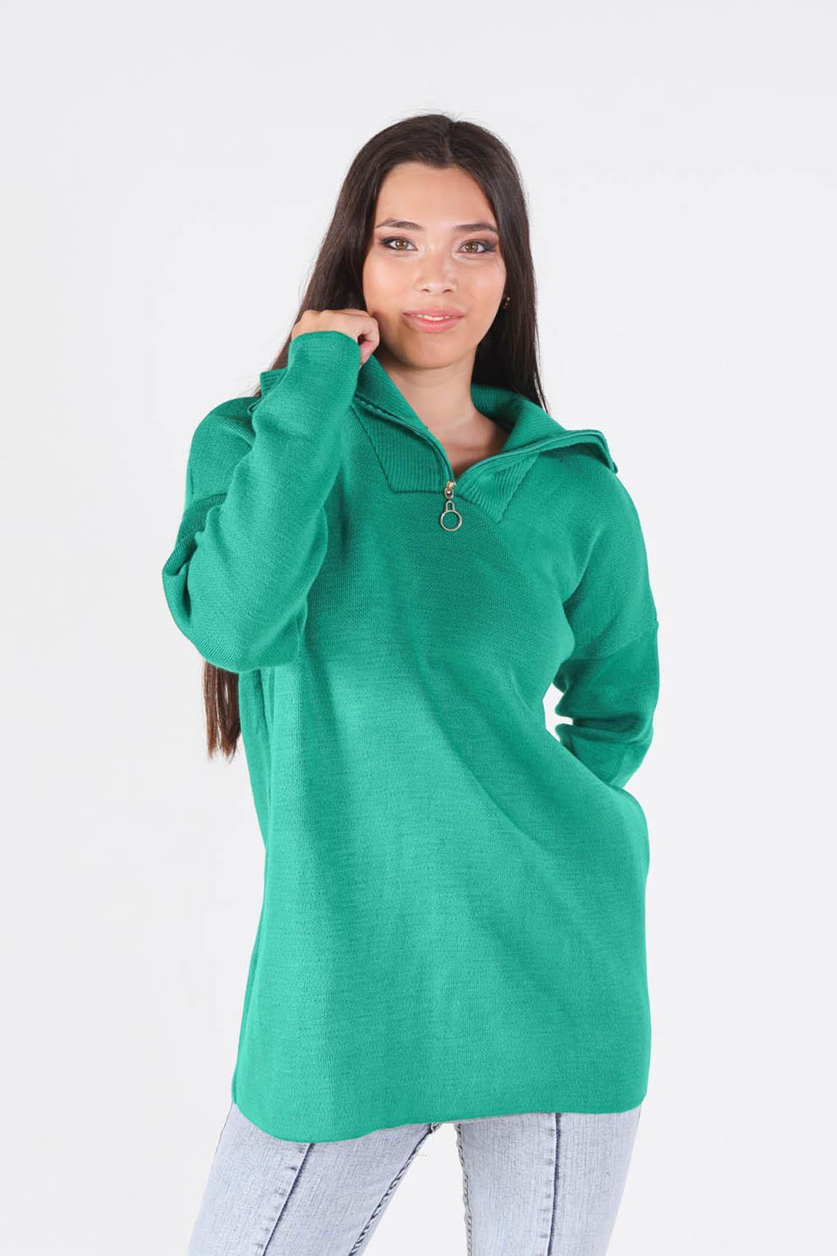 Benetton Yeşili Yaka Fermuarlı Kazak 1165 