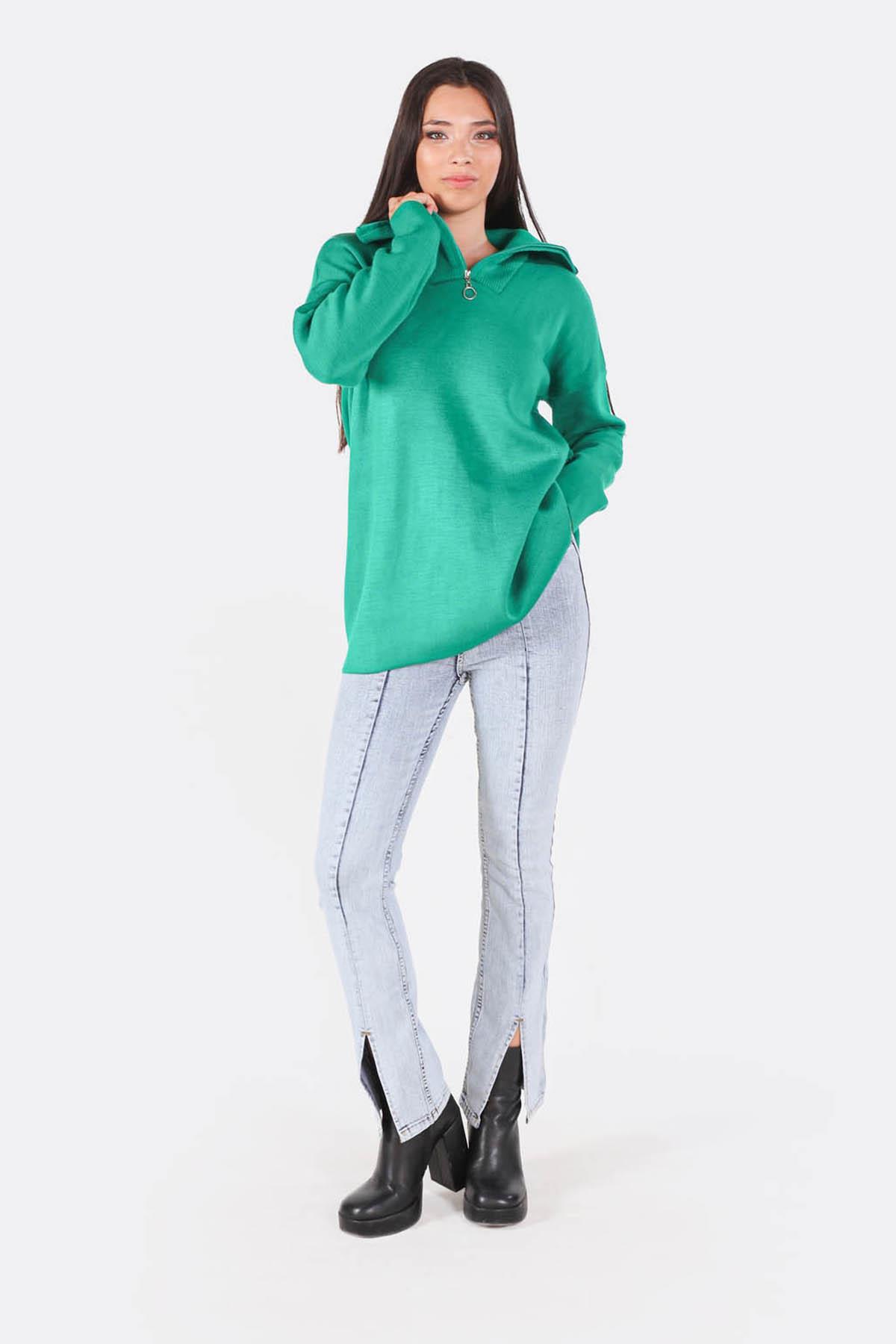 Benetton Yeşili Yaka Fermuarlı Kazak 1165 - 4