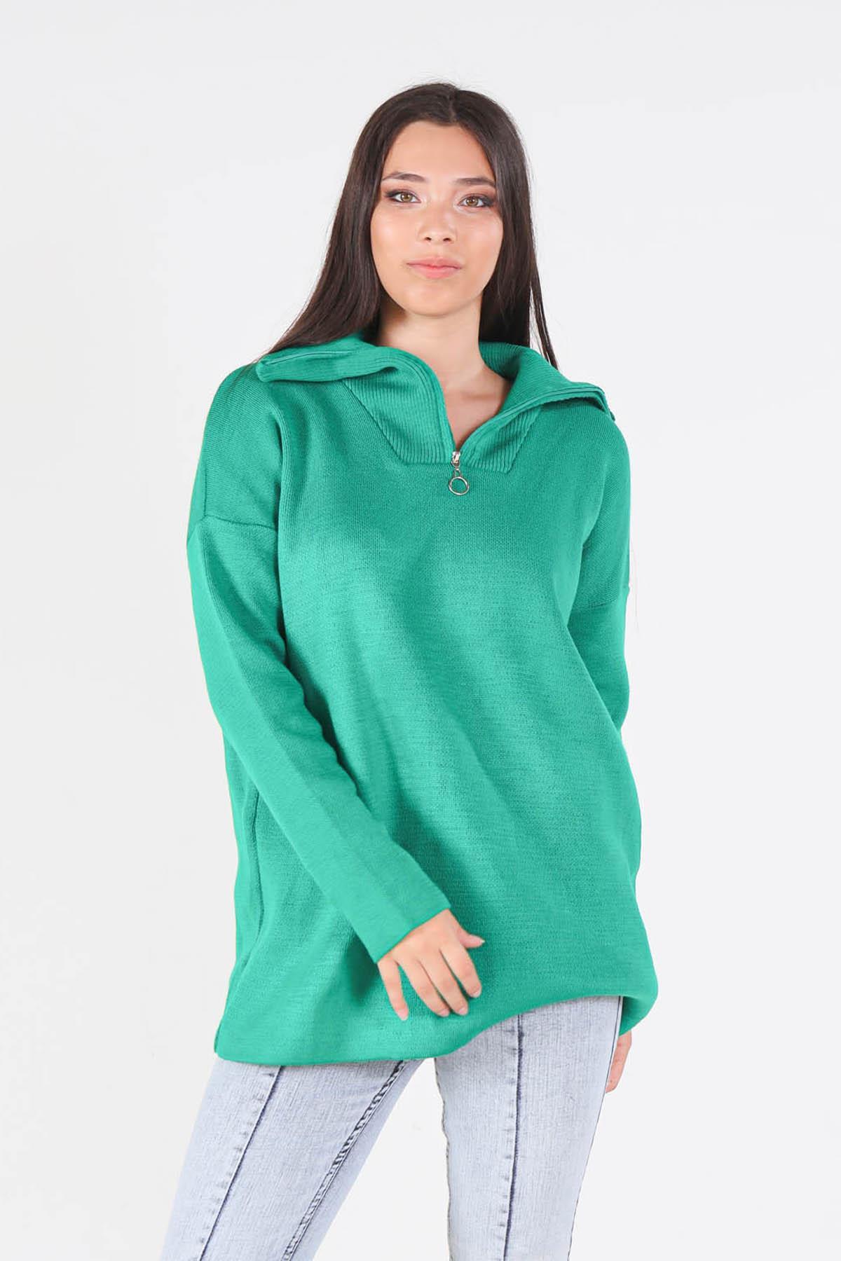 Benetton Yeşili Yaka Fermuarlı Kazak 1165 - 5