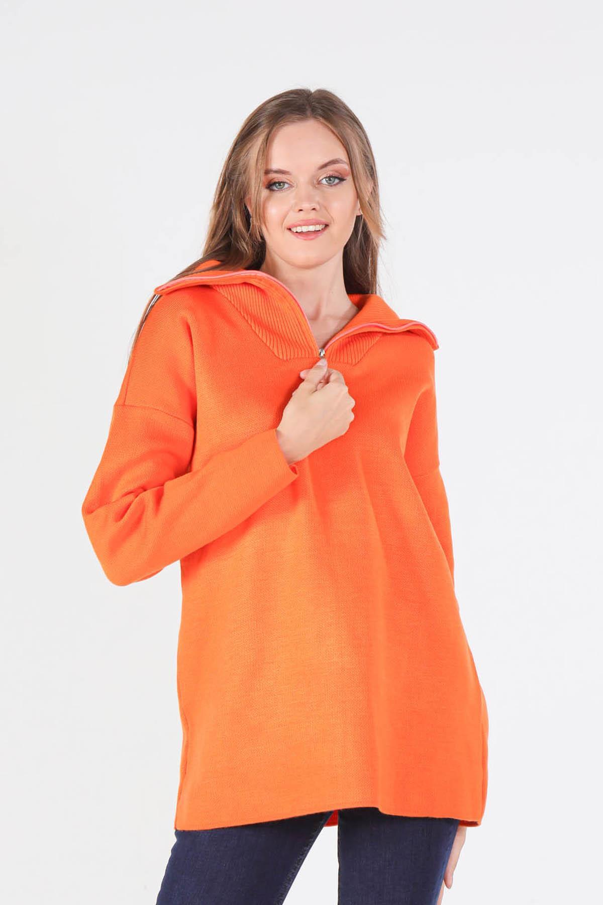 Orange Yaka Fermuarlı Kazak 1165 - 1