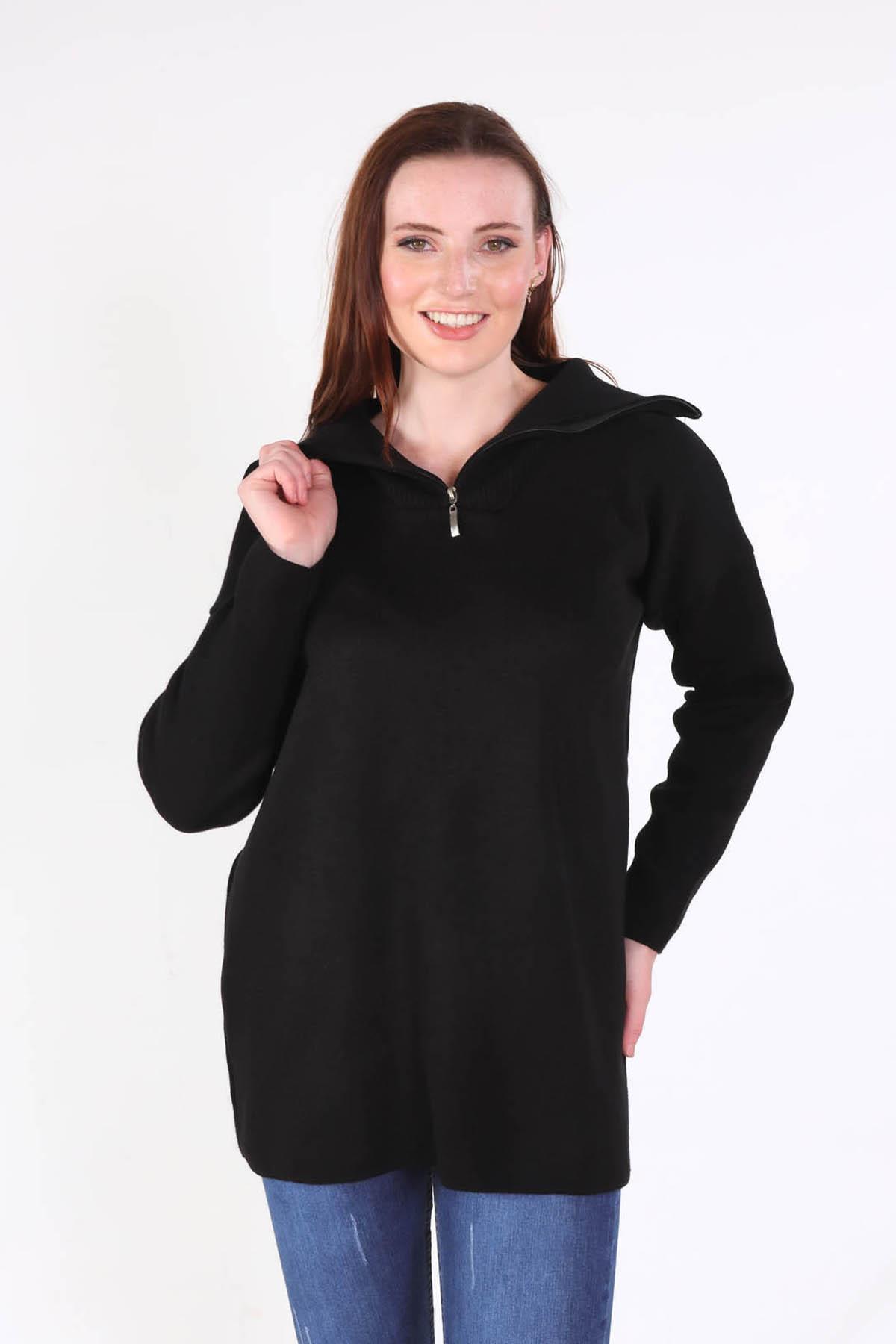 1165 Yaka Fermuarlı Kazak Siyah - 2