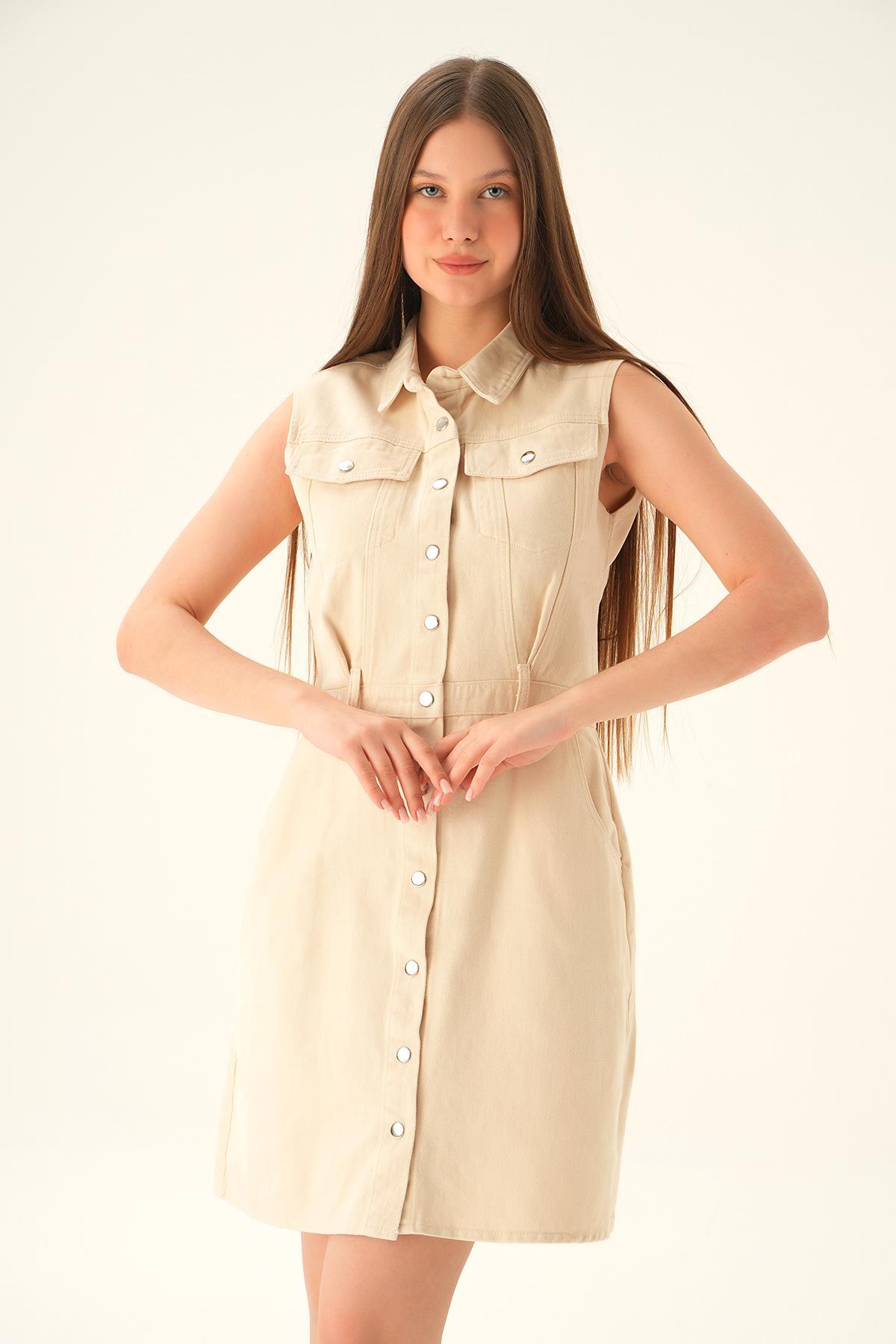 1166 Gabardin Kemerli Elbise Bej 