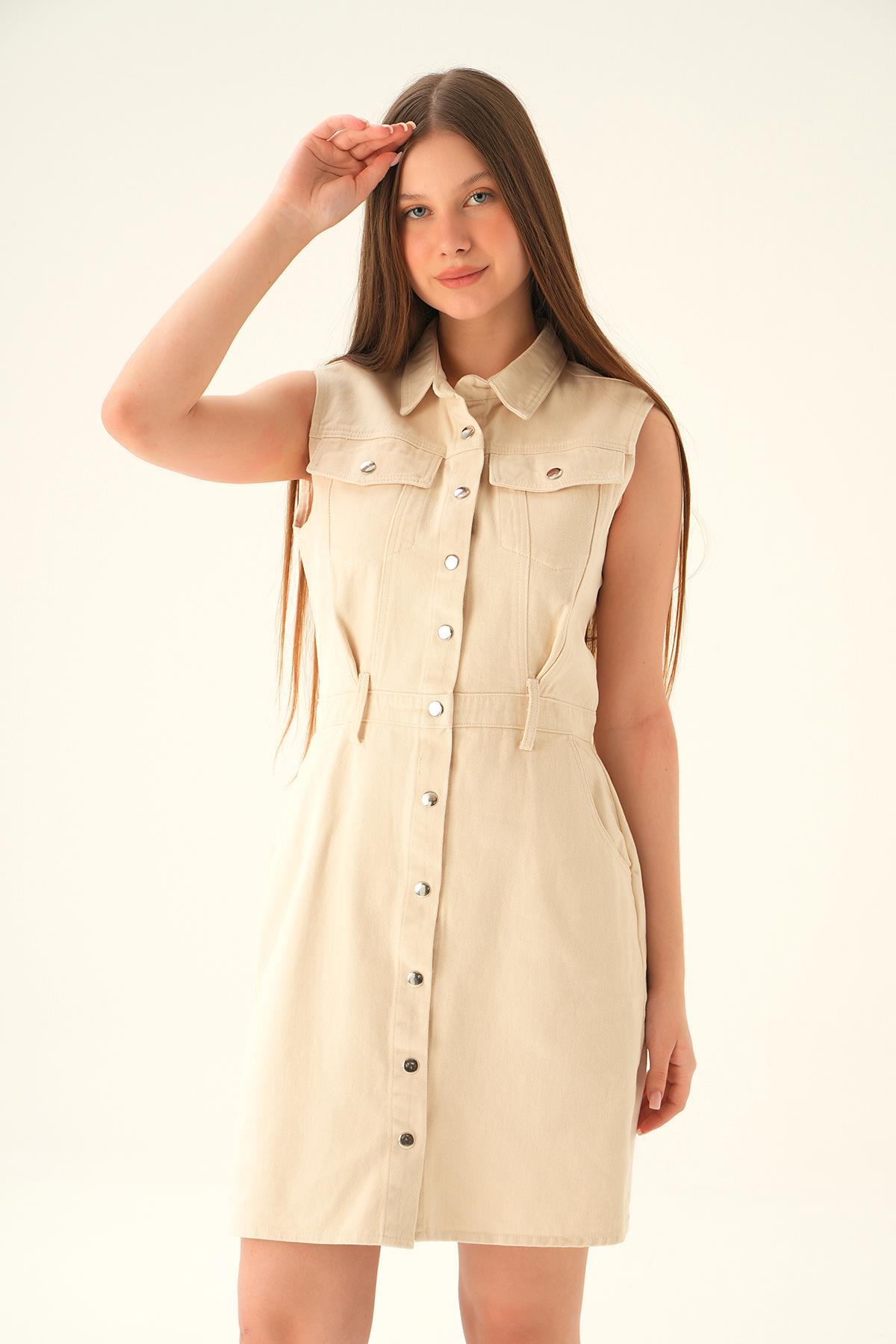 Bej Gabardin Kemerli Elbise 1166 - 2