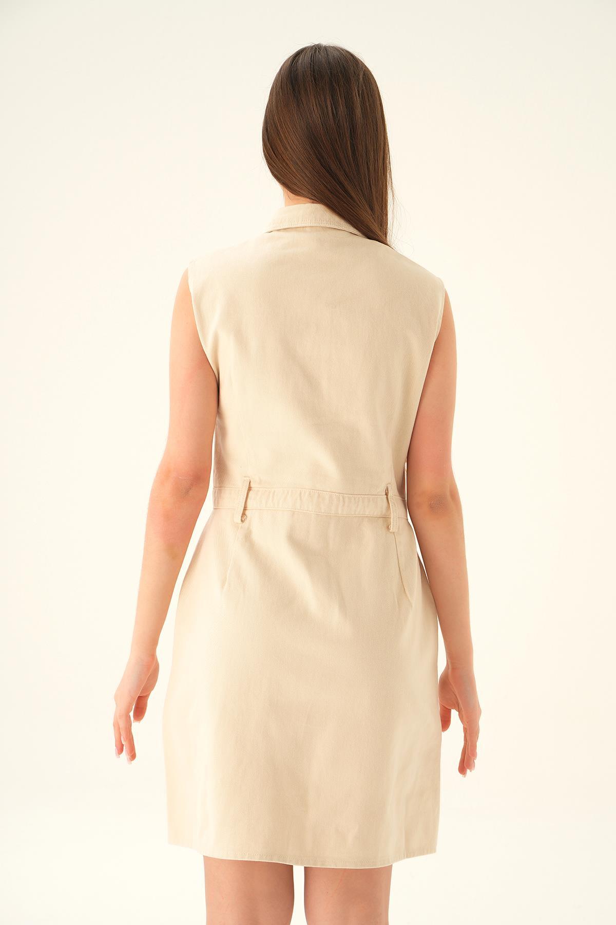 Bej Gabardin Kemerli Elbise 1166 - 4