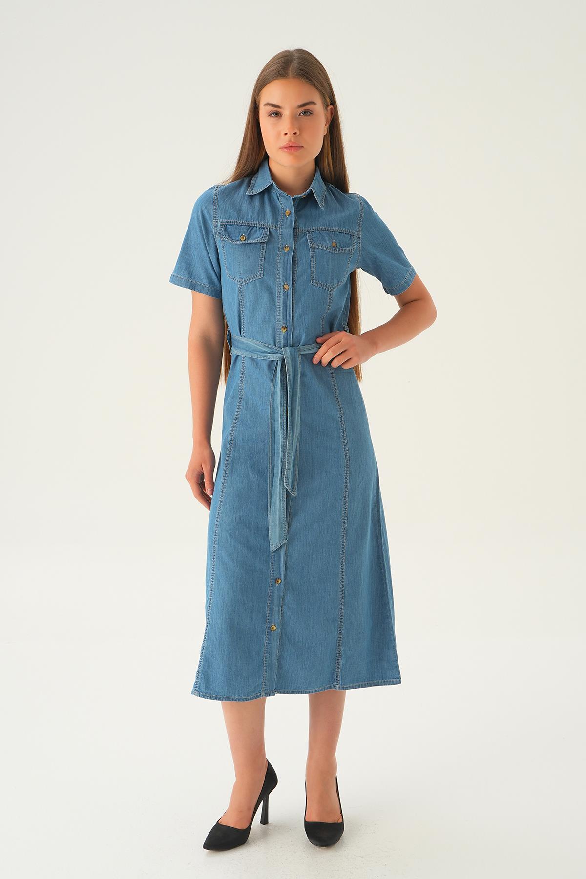 1167 Cepli Kemerli Kot Elbise Açık Mavi 