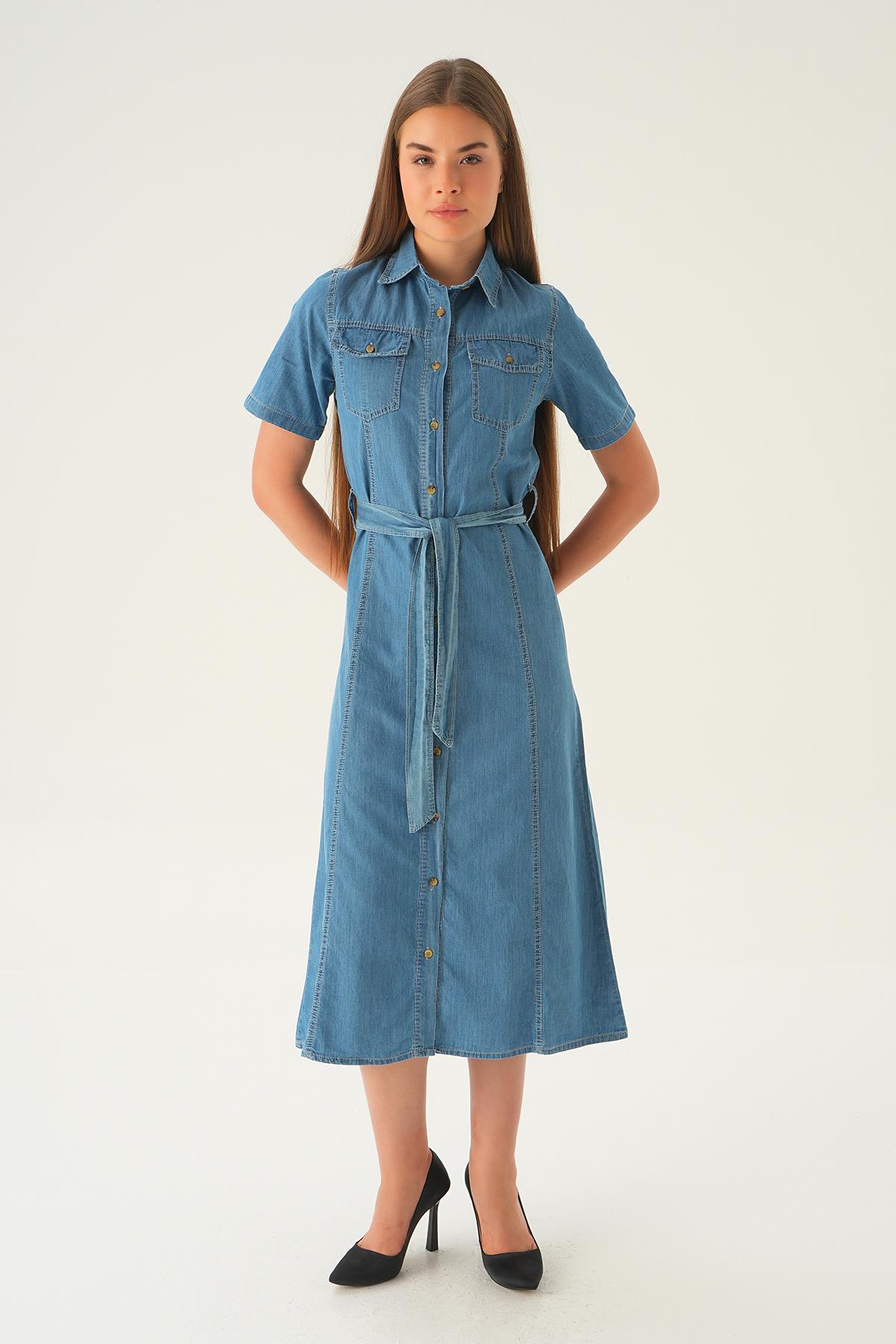 1167 Cepli Kemerli Kot Elbise Açık Mavi - 3