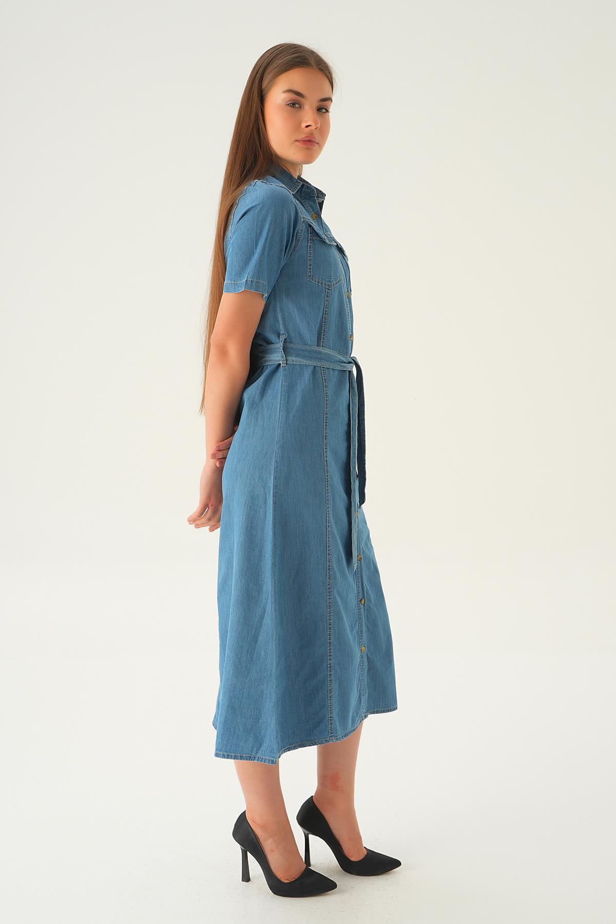 1167 Cepli Kemerli Kot Elbise Açık Mavi - 4