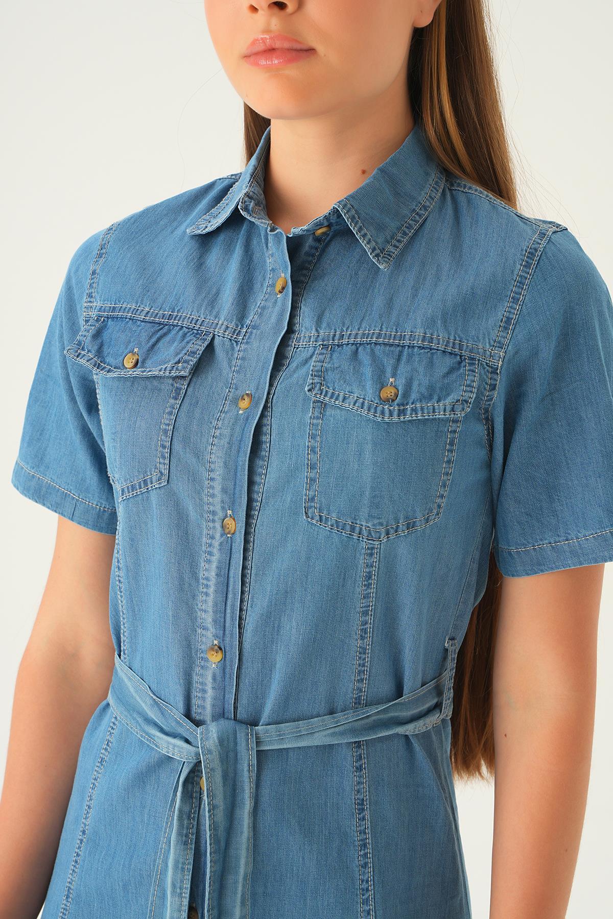 1167 Cepli Kemerli Kot Elbise Açık Mavi - 6