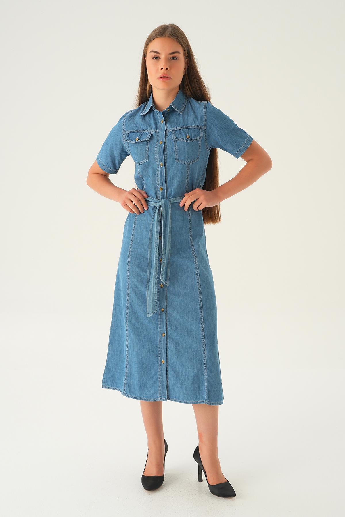 Açık Mavi Cepli Kemerli Kot Elbise 1167 - 2