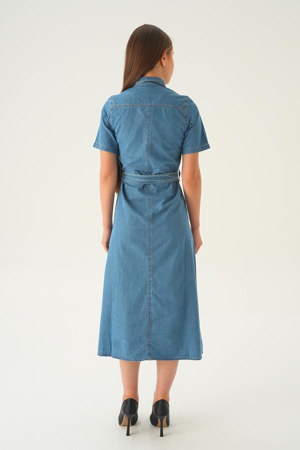 Açık Mavi Cepli Kemerli Kot Elbise 1167 - 5