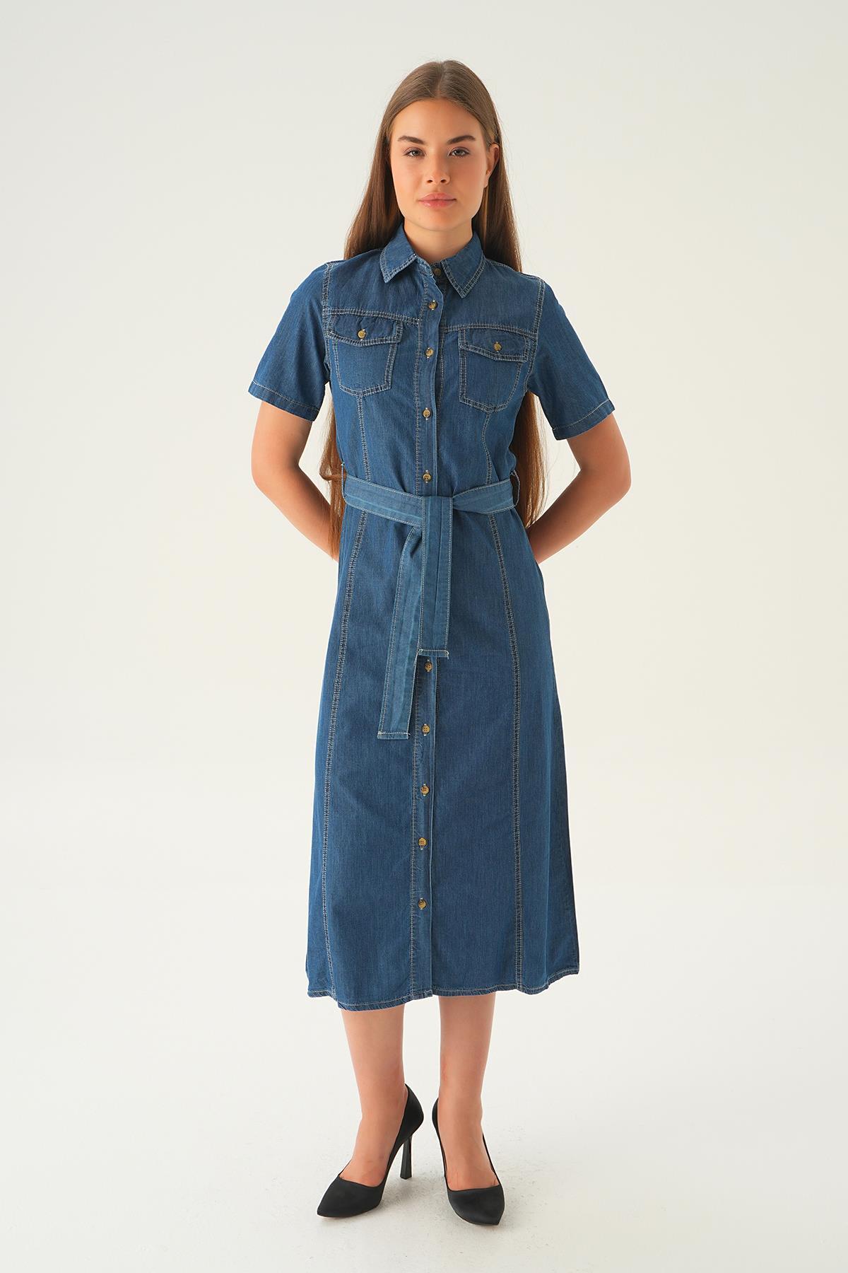 1167 Cepli Kemerli Kot Elbise Koyu Mavi - 2