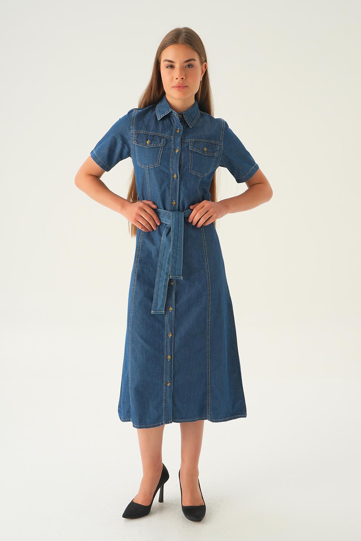 1167 Cepli Kemerli Kot Elbise Koyu Mavi - 3