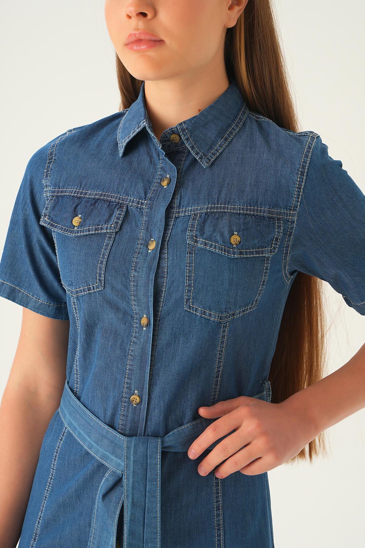 1167 Cepli Kemerli Kot Elbise Koyu Mavi - 4