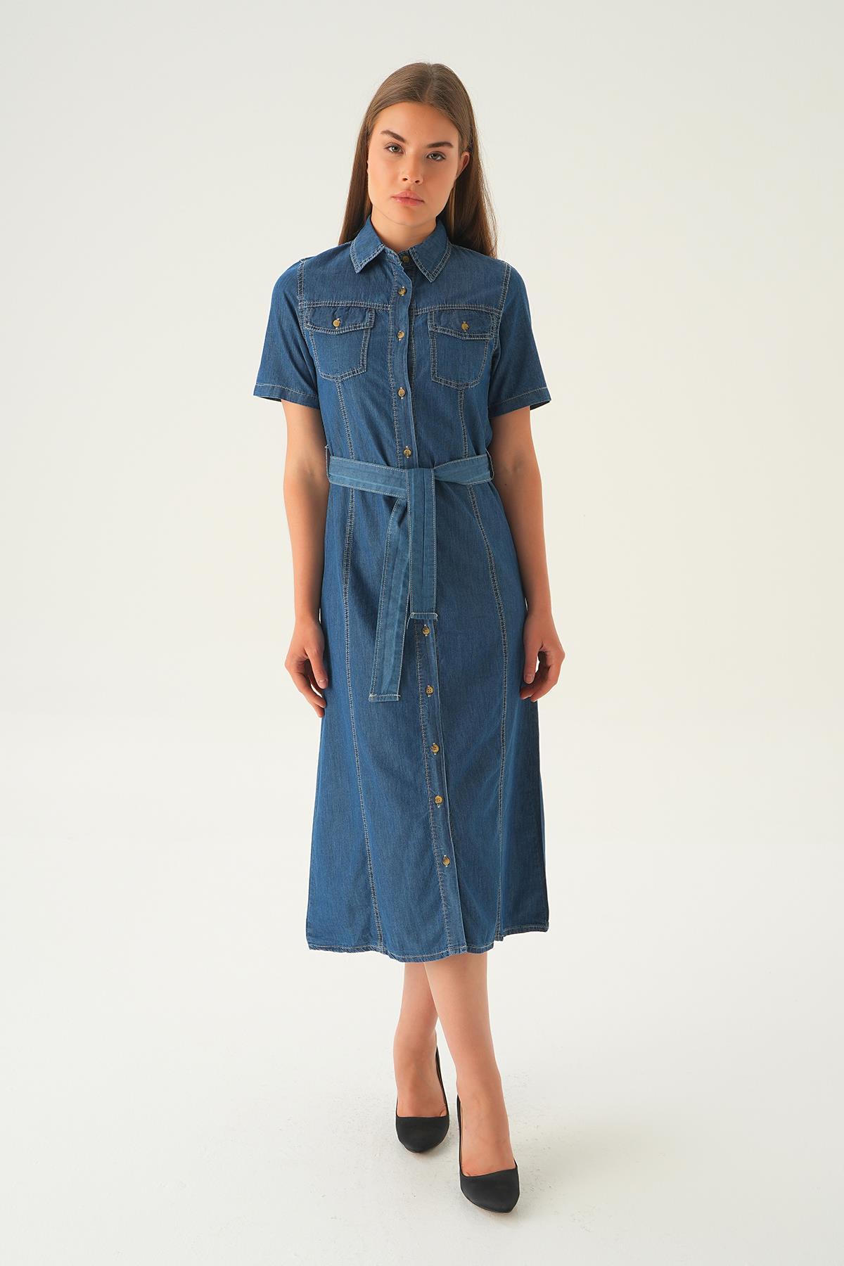 1167 Cepli Kemerli Kot Elbise Koyu Mavi - 1