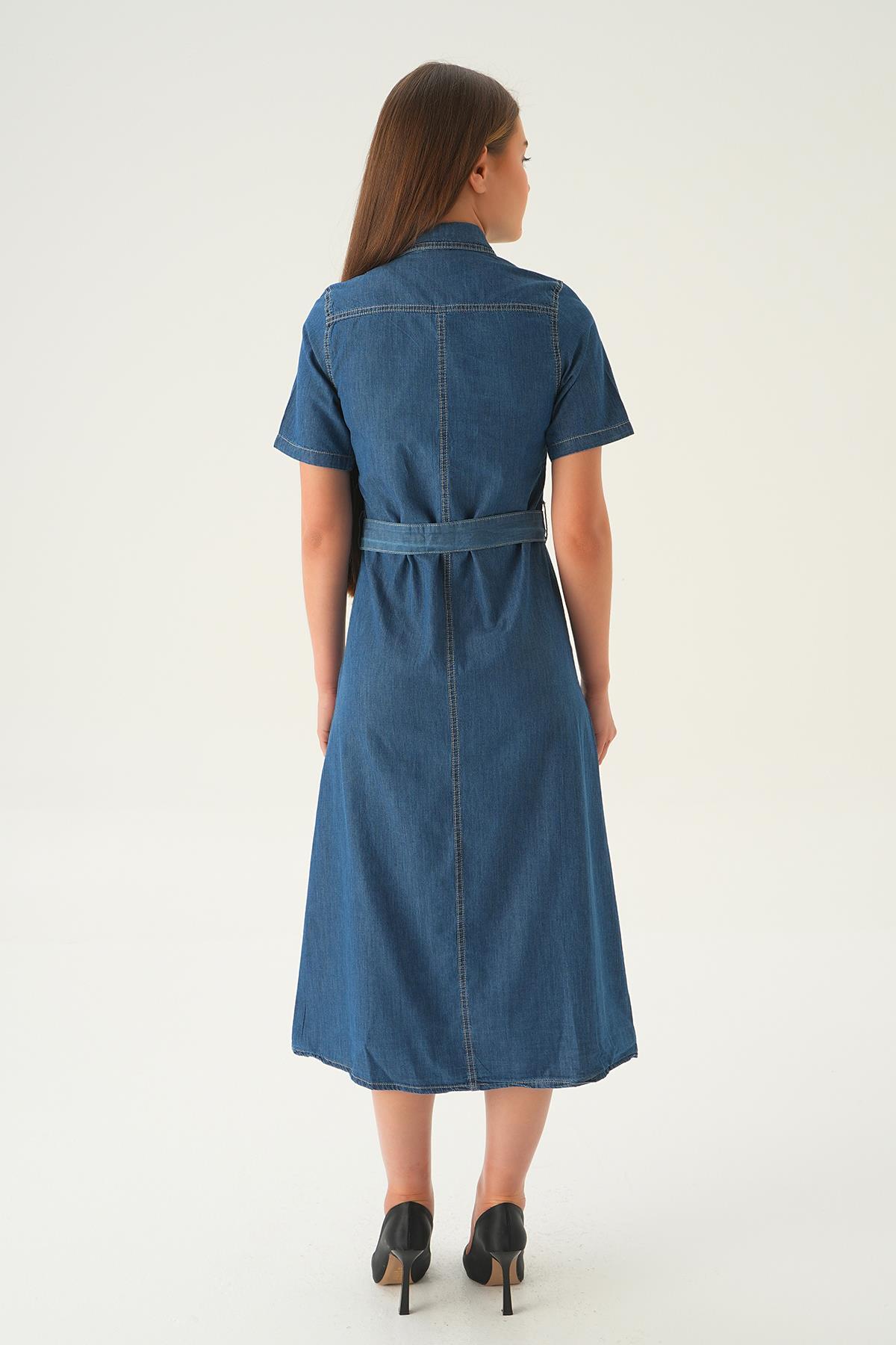 1167 Cepli Kemerli Kot Elbise Koyu Mavi - 5