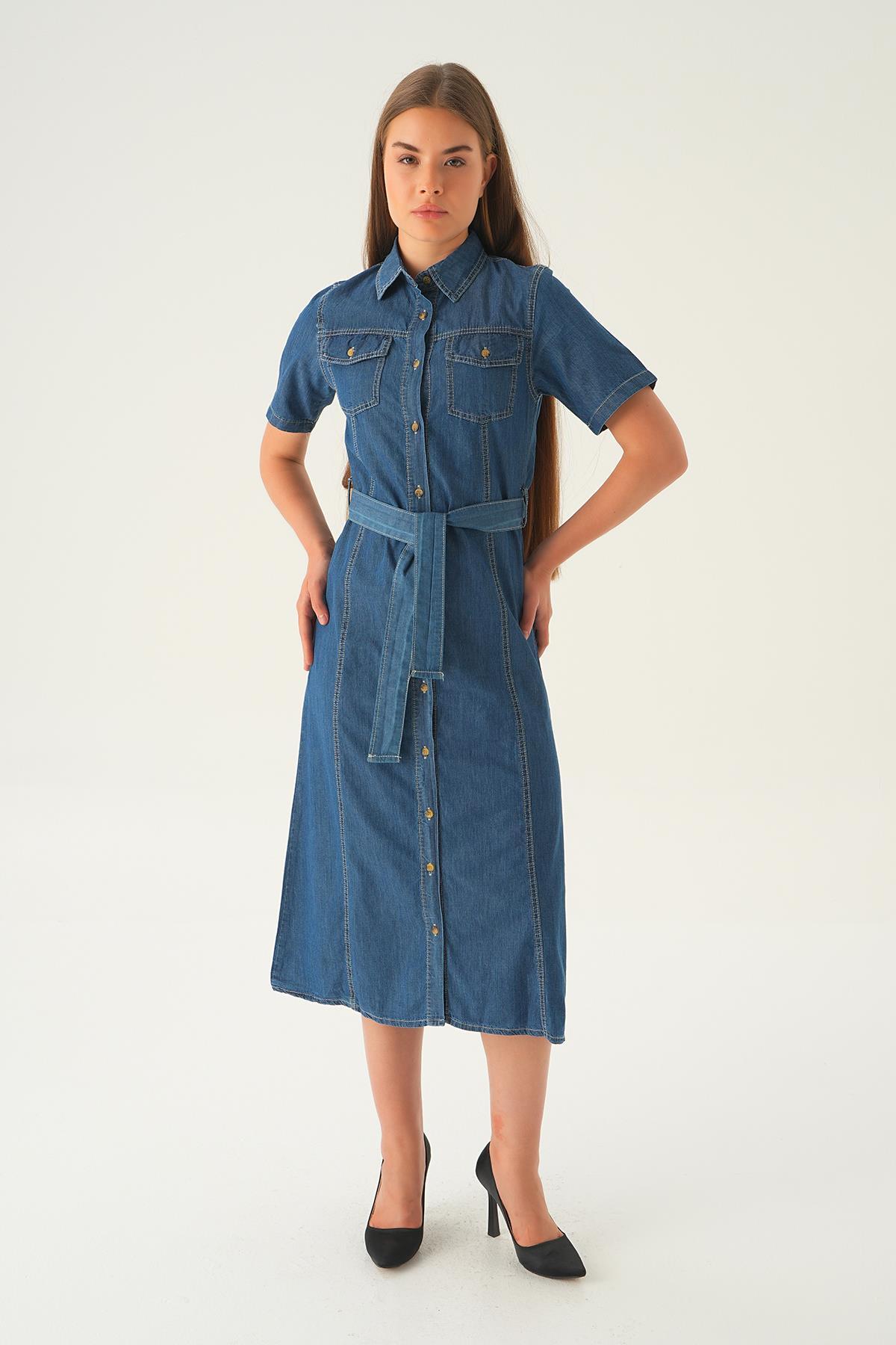 Koyu Mavi Cepli Kemerli Kot Elbise 1167 - 6