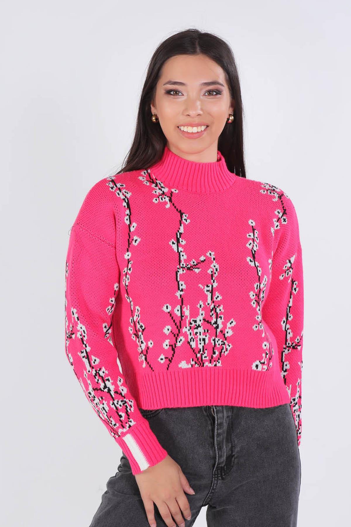 Fuşya Çiçek Desenli Kazak 1180 - 1