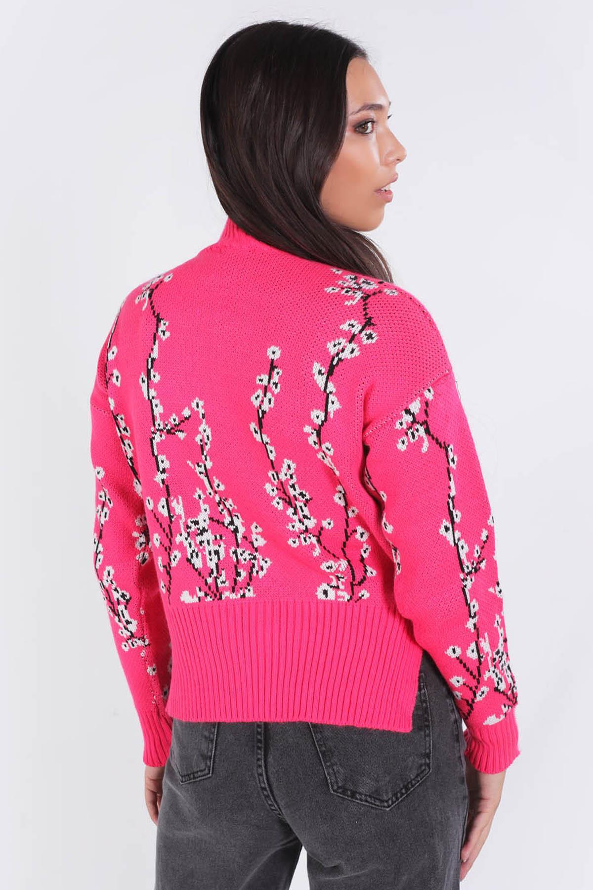 Fuşya Çiçek Desenli Kazak 1180 - 3