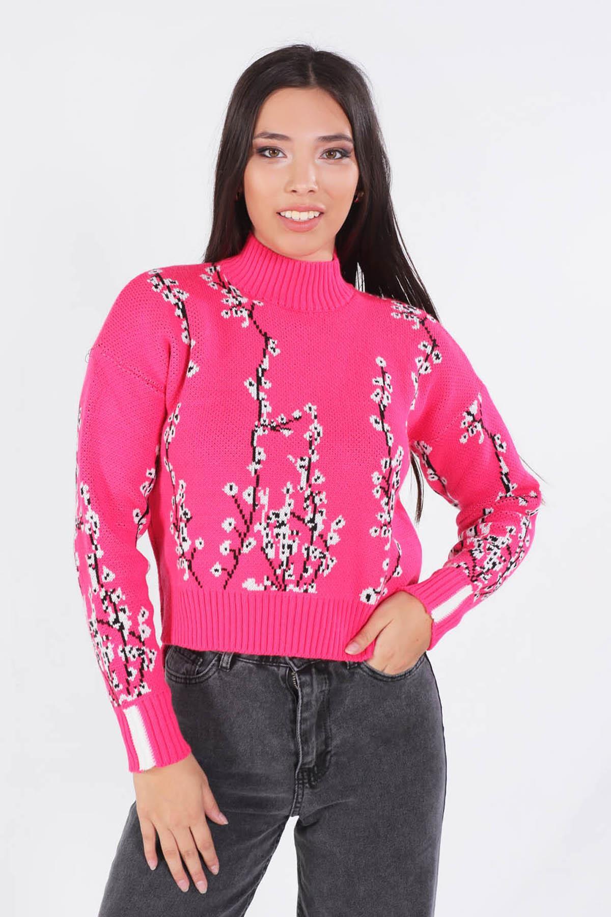 Fuşya Çiçek Desenli Kazak 1180 - 4