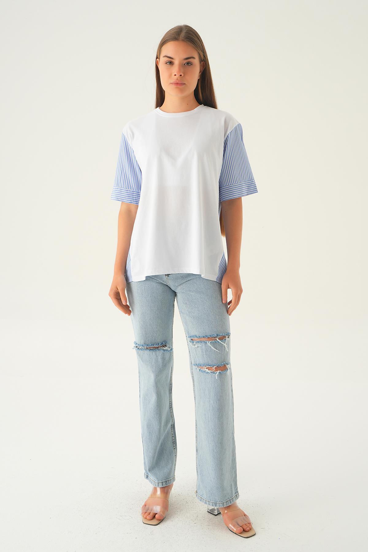 Beyaz Kol Çizgili Tişört 1199 - 2