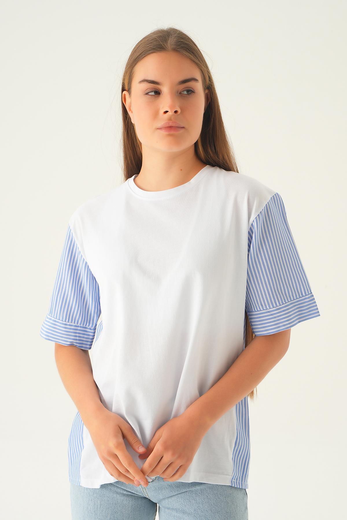 Beyaz Kol Çizgili Tişört 1199 - 3