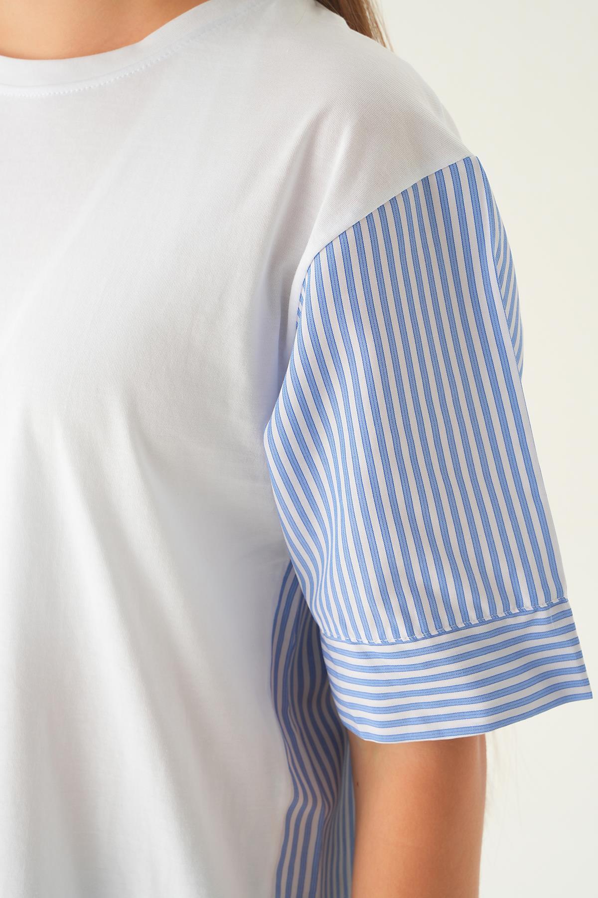 Beyaz Kol Çizgili Tişört 1199 - 4