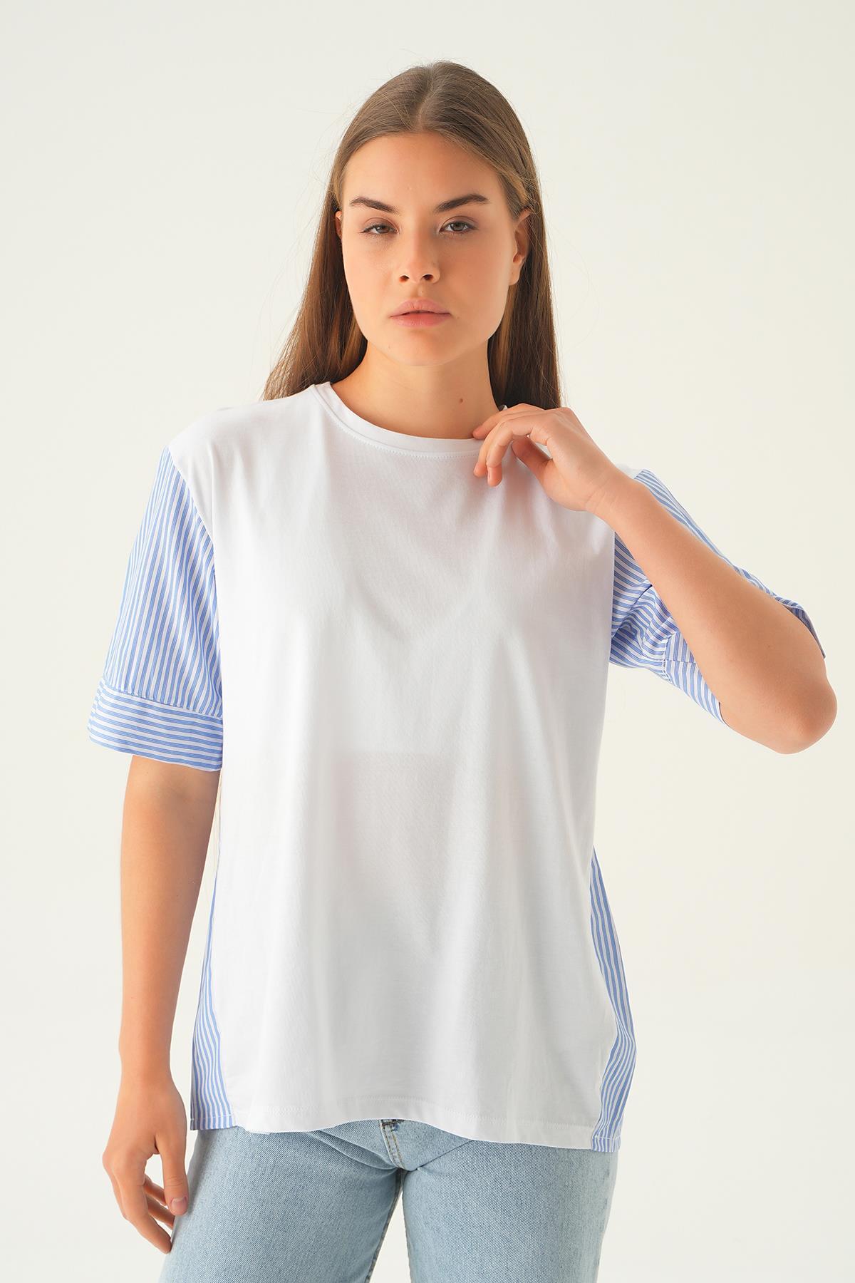 Beyaz Kol Çizgili Tişört 1199 - 6