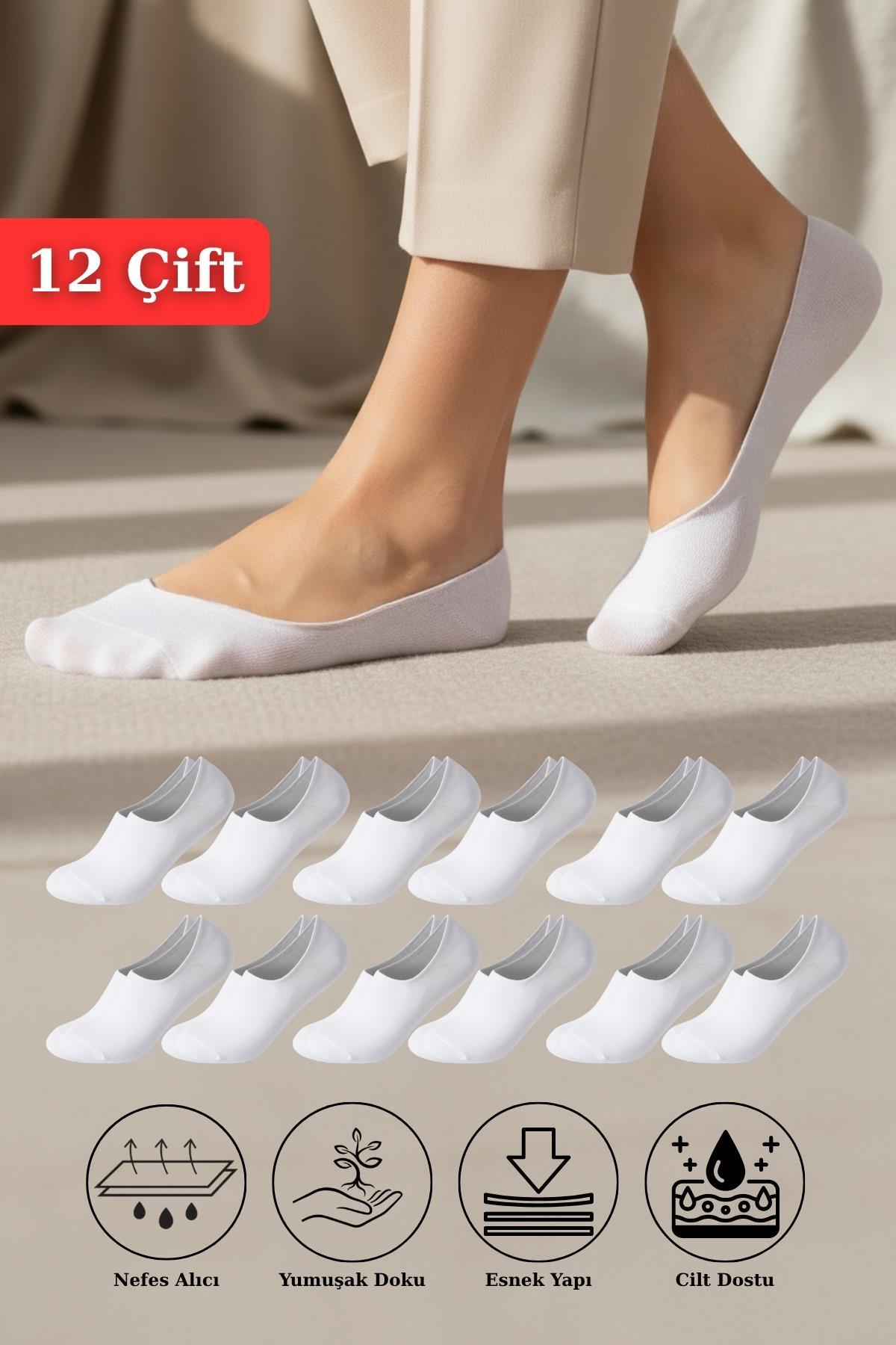 12 Çift Kadın Beyaz Esnek Pamuklu Örme Babet Çorap 1020 - 1