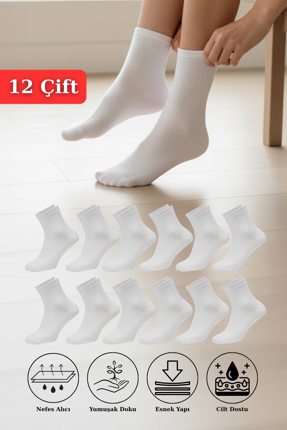 12 Çift Kadın Beyaz Esnek Pamuklu Örme Soket Çorap 1021 - 1