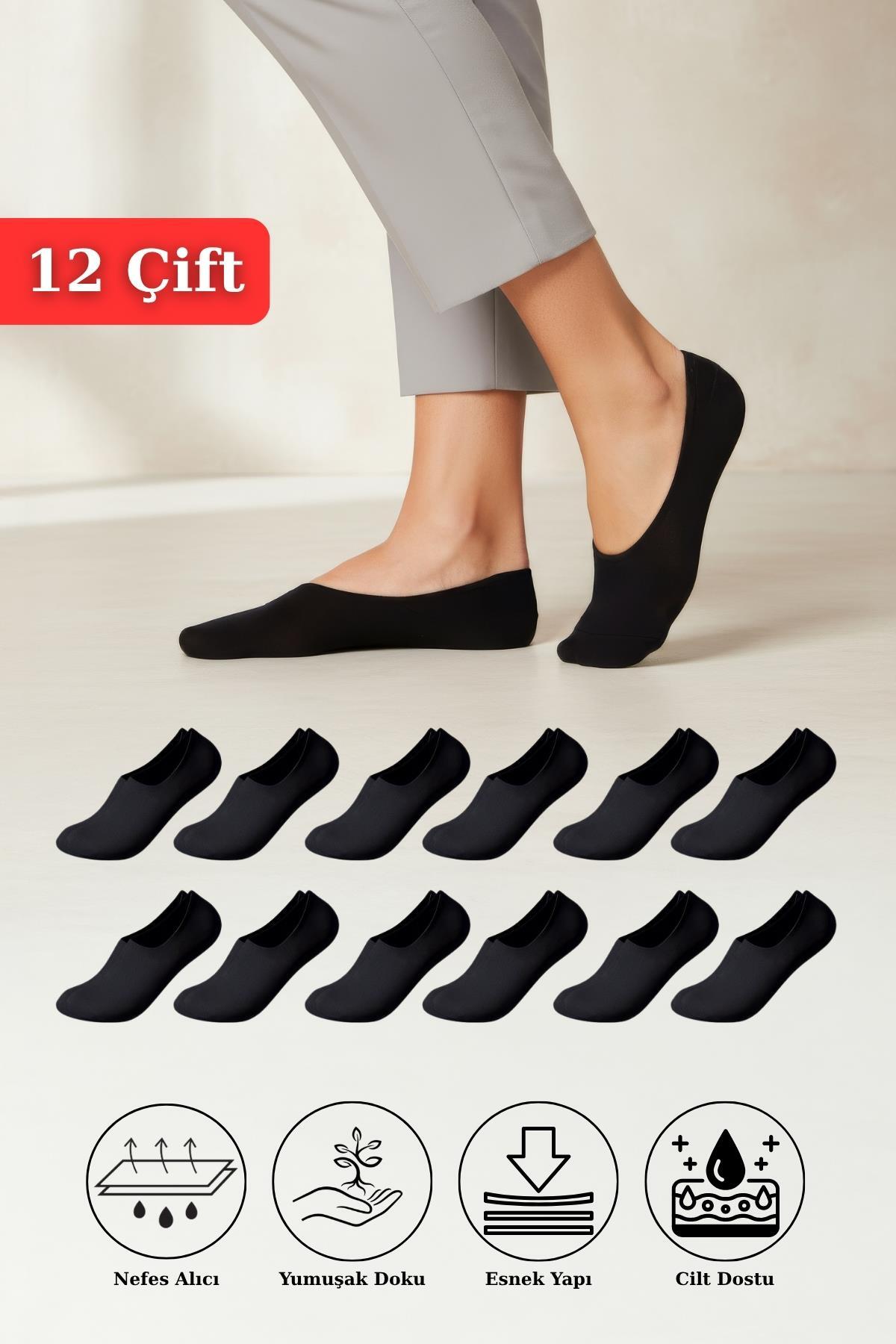 12 Çift Kadın Siyah Esnek Pamuklu Örme Babet Çorap 1020 