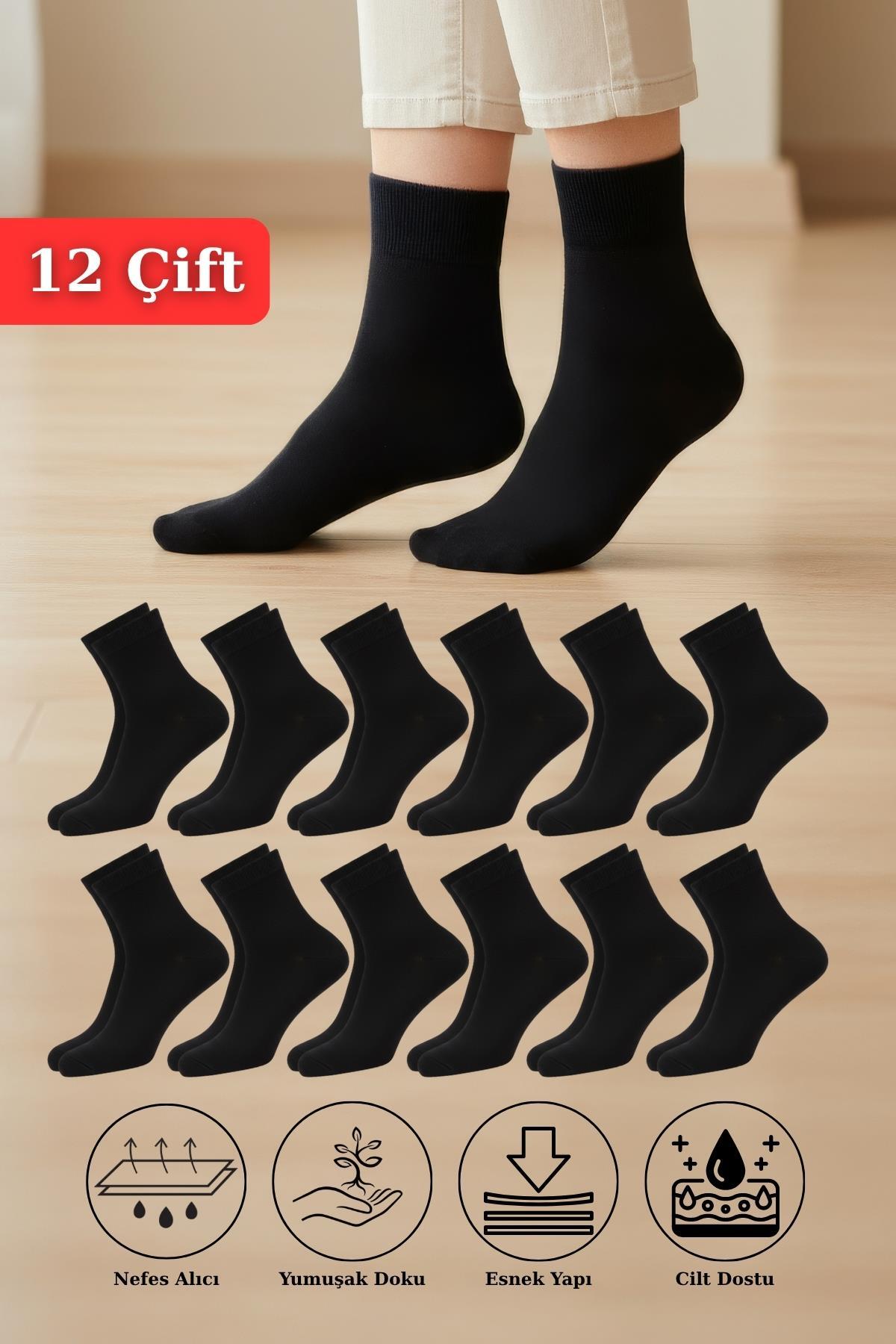 12 Çift Kadın Siyah Esnek Pamuklu Örme Soket Çorap 1021 - 1