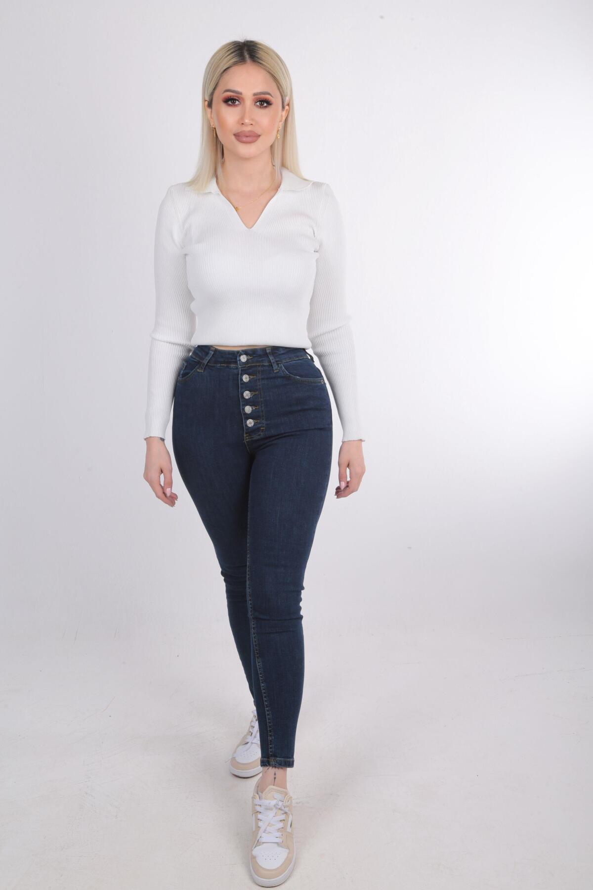 Koyu Mavi Dar Paça Ön Düğmeli Pantolon 11017 