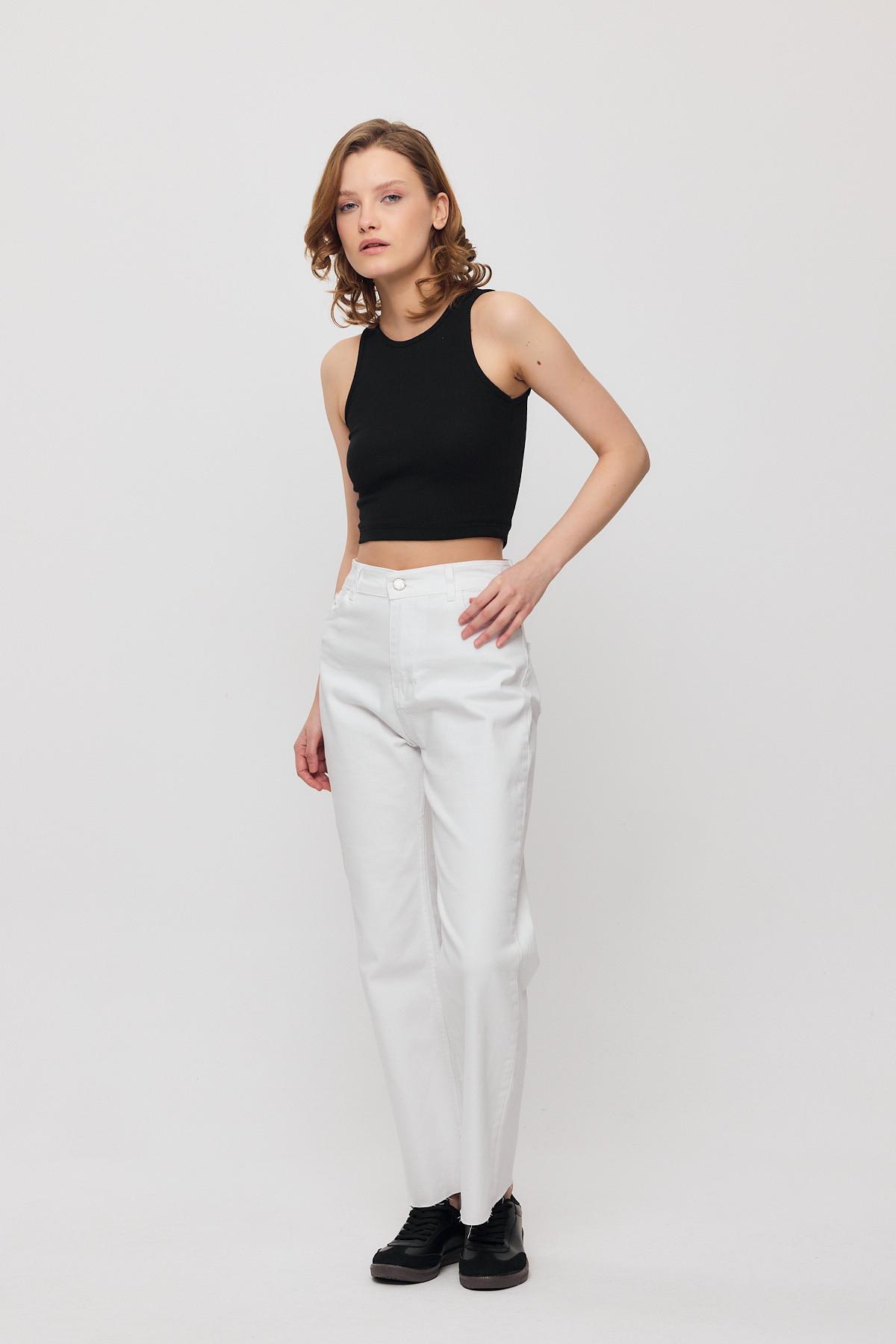 Beyaz 12032 Paçası Kesik Straight Jean - 3