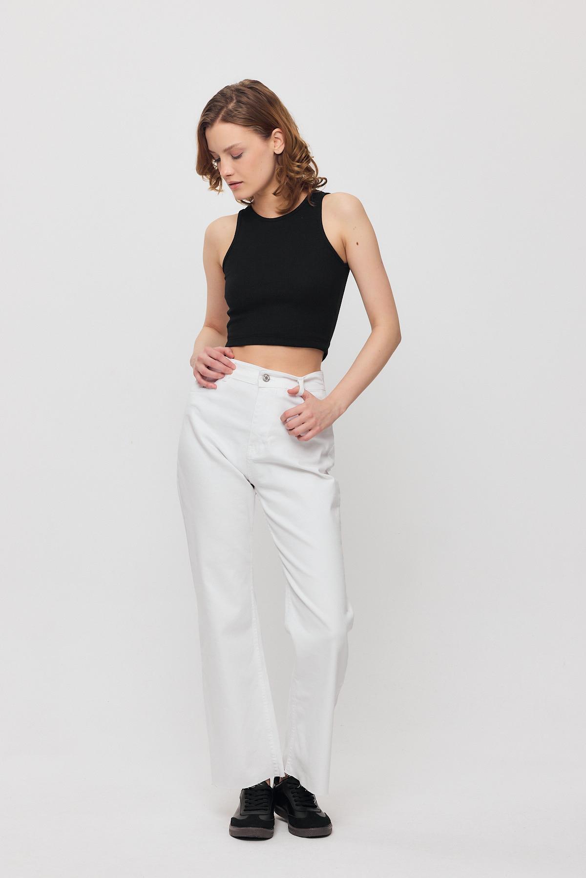 Beyaz 12032 Paçası Kesik Straight Jean - 4