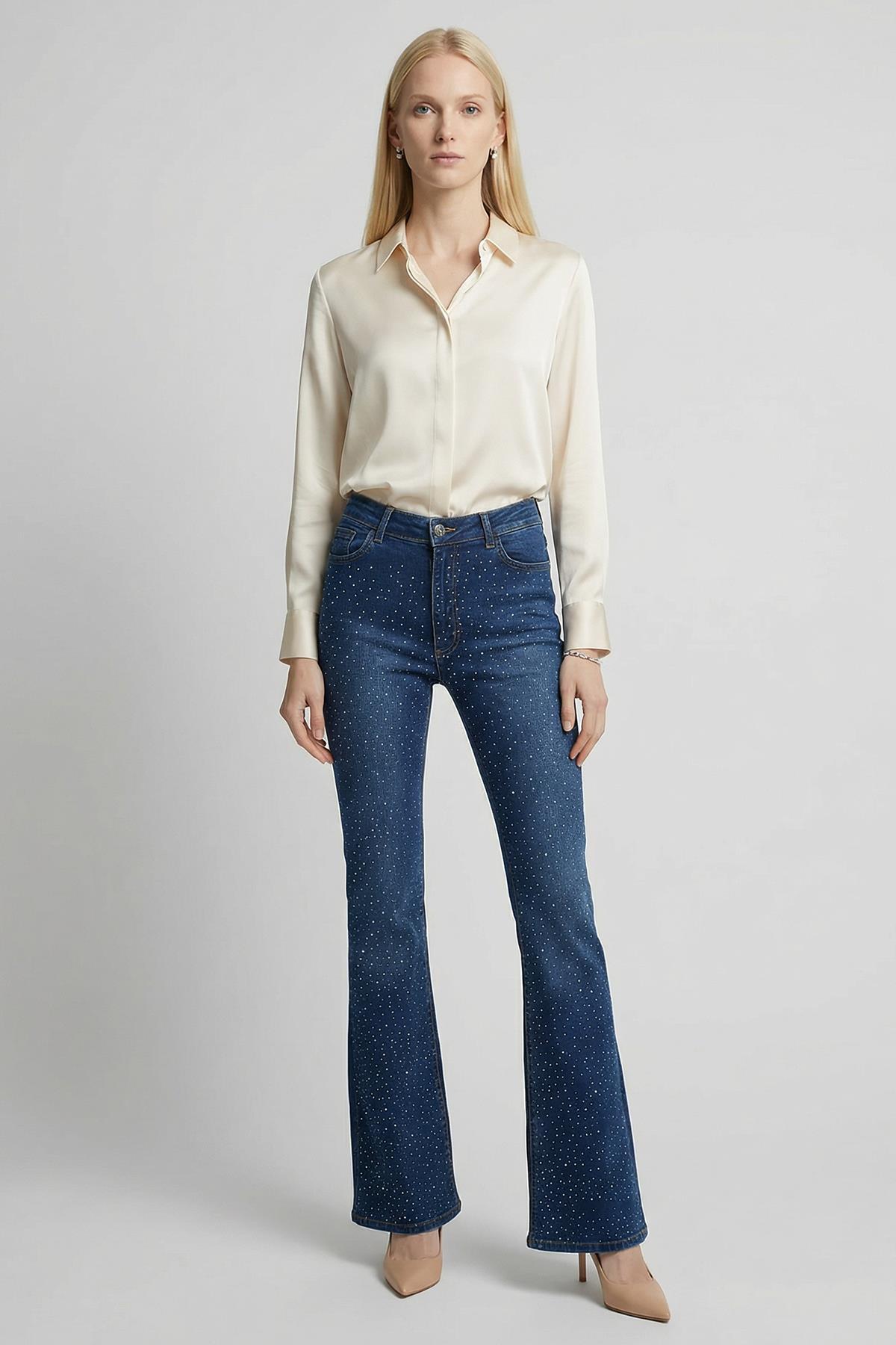 Koyu Mavi İspanyol Paça Taşlı Jean 12038 