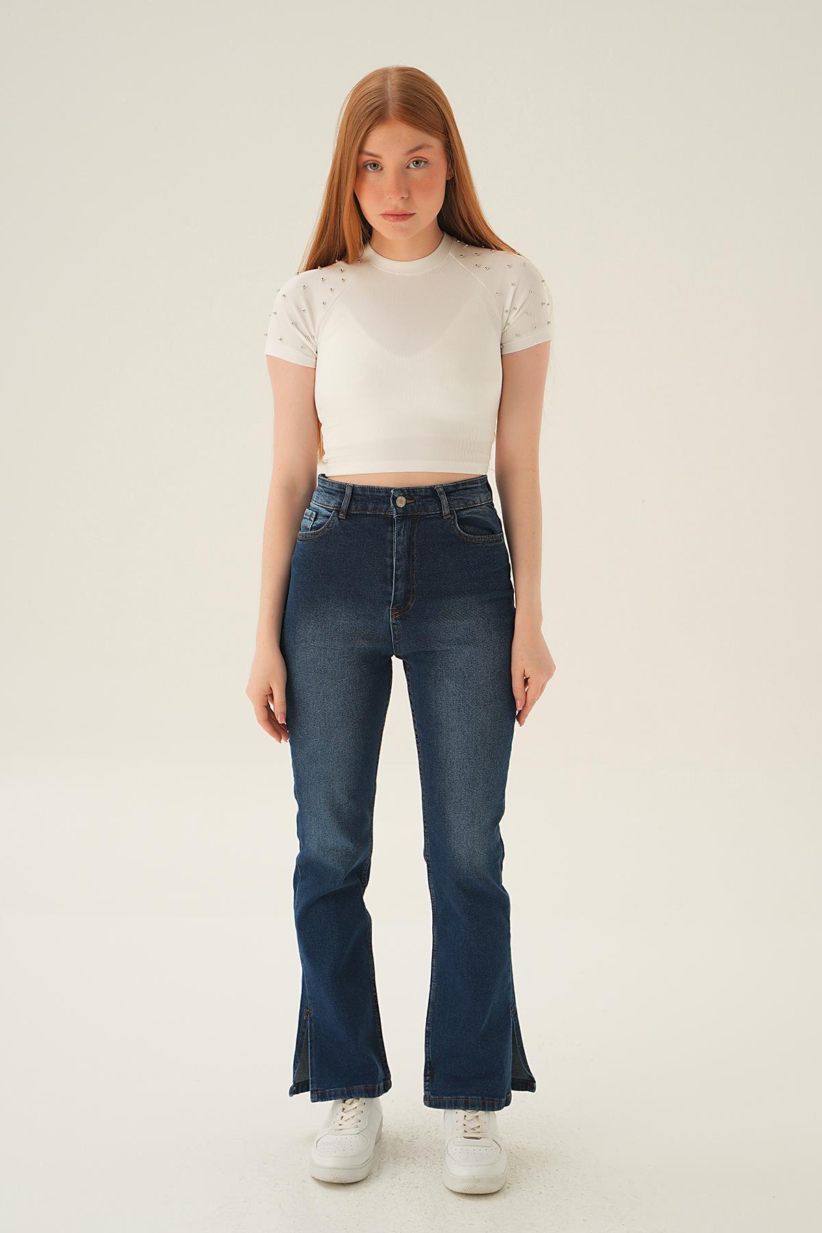 Koyu Mavi Paça Yırtmaç Detay Jean 12042 - 1