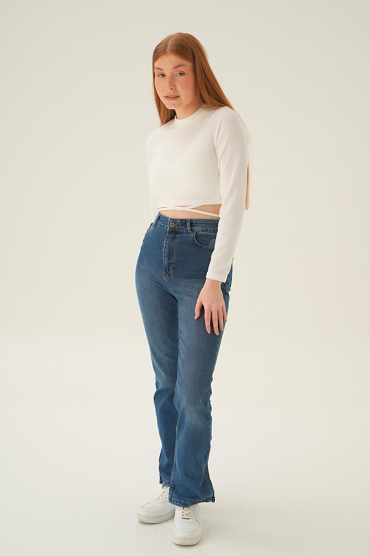 12042 Paça Yırtmaç Detay Jean Mavi - 2