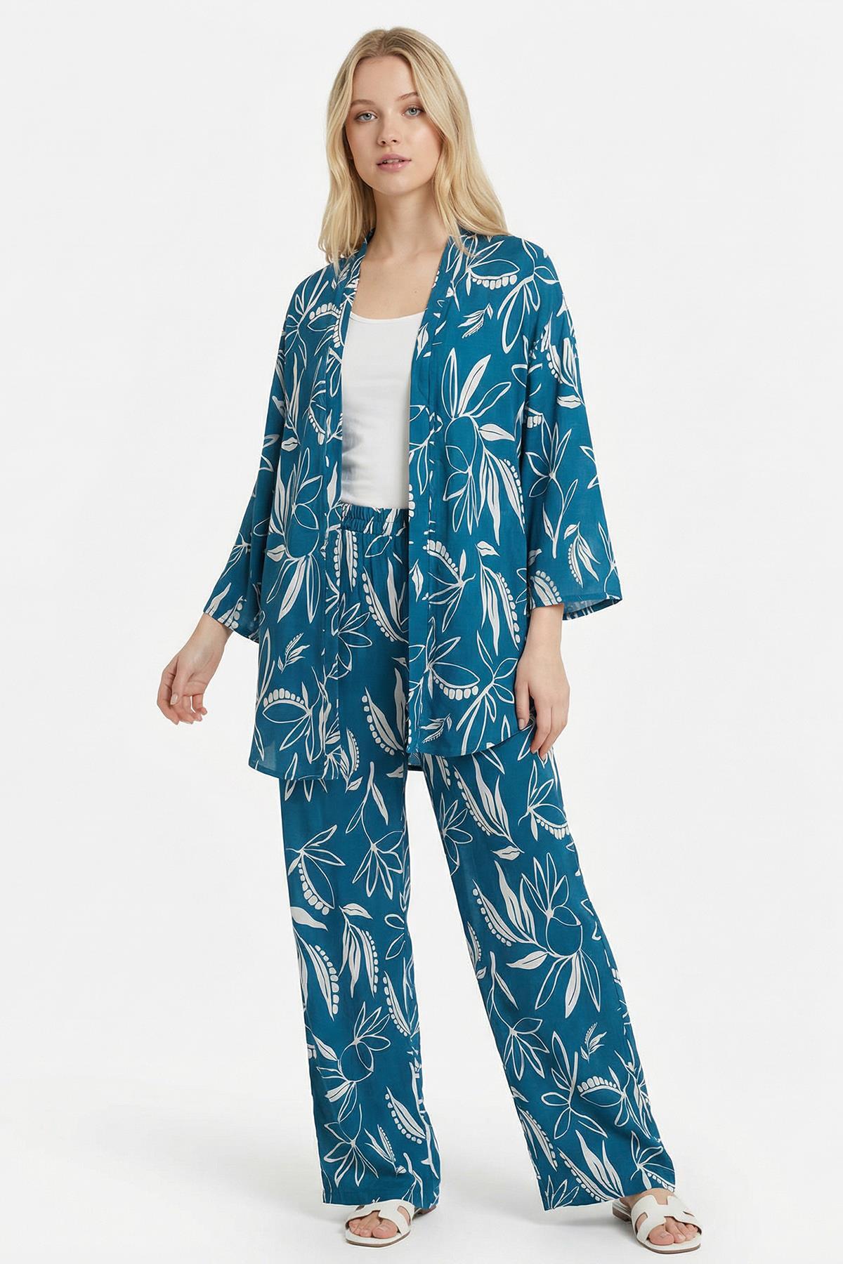 Petrol Desenli Kimono Takım 121 