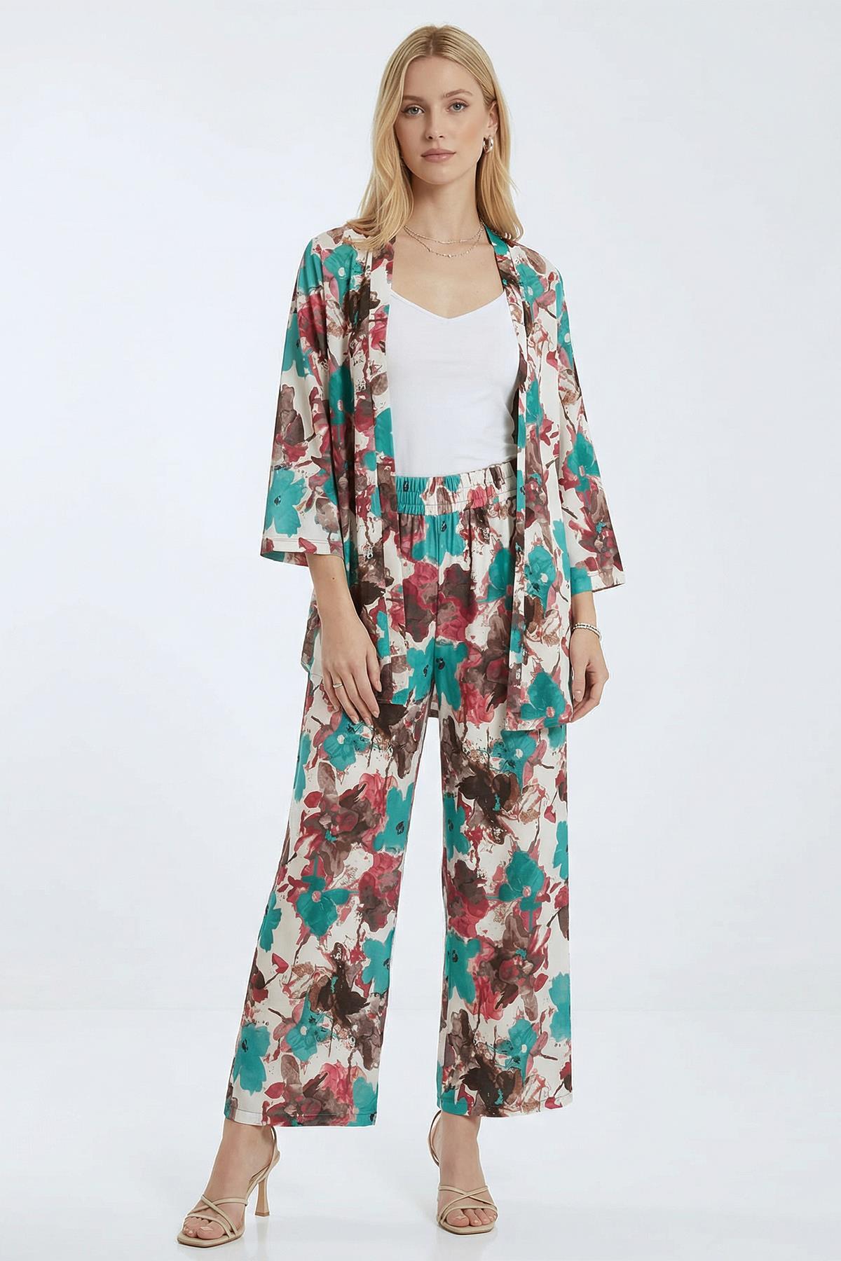 Turkuaz Desenli Kimono Takım 121 - 1