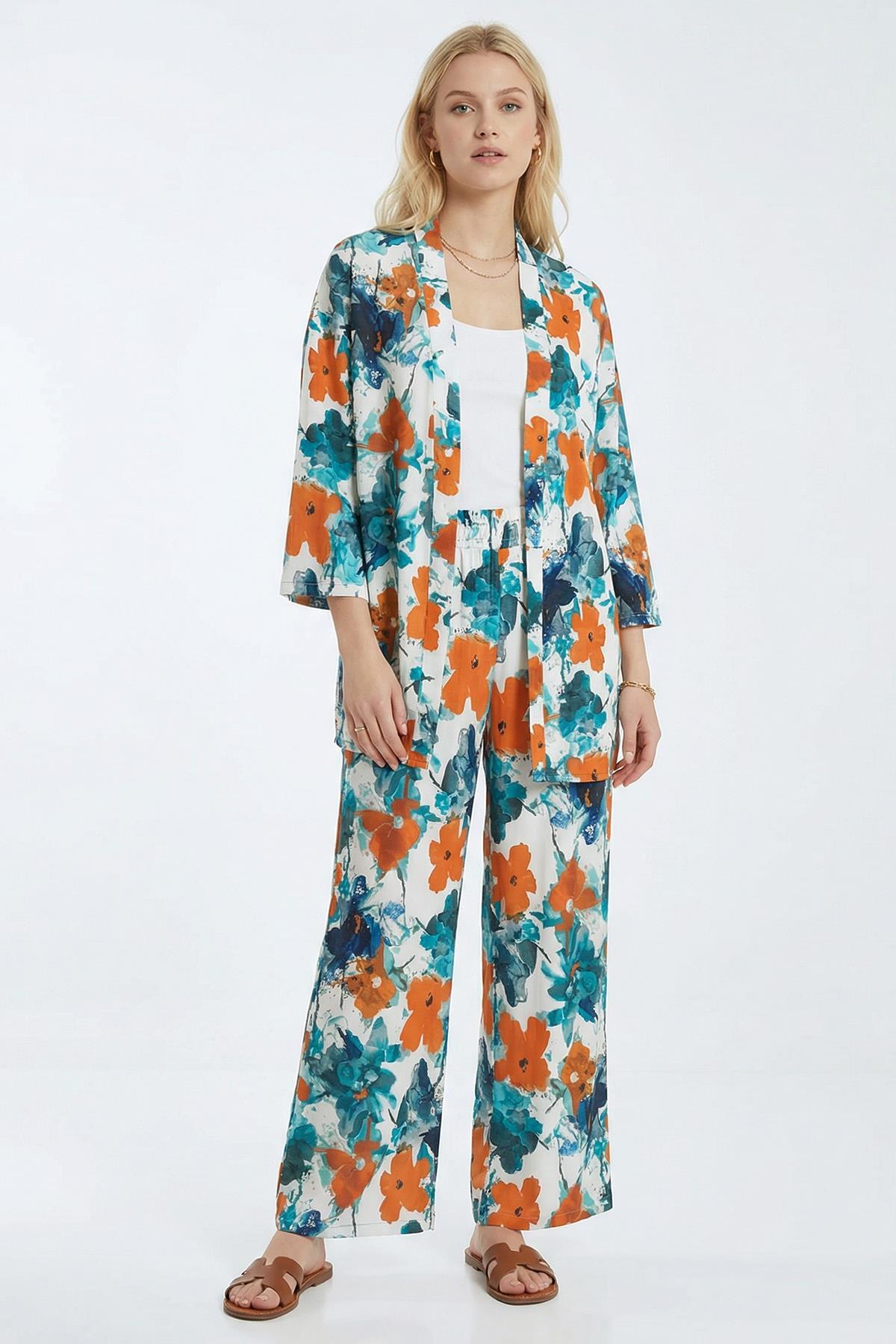 Turuncu Desenli Kimono Takım 121 - 1