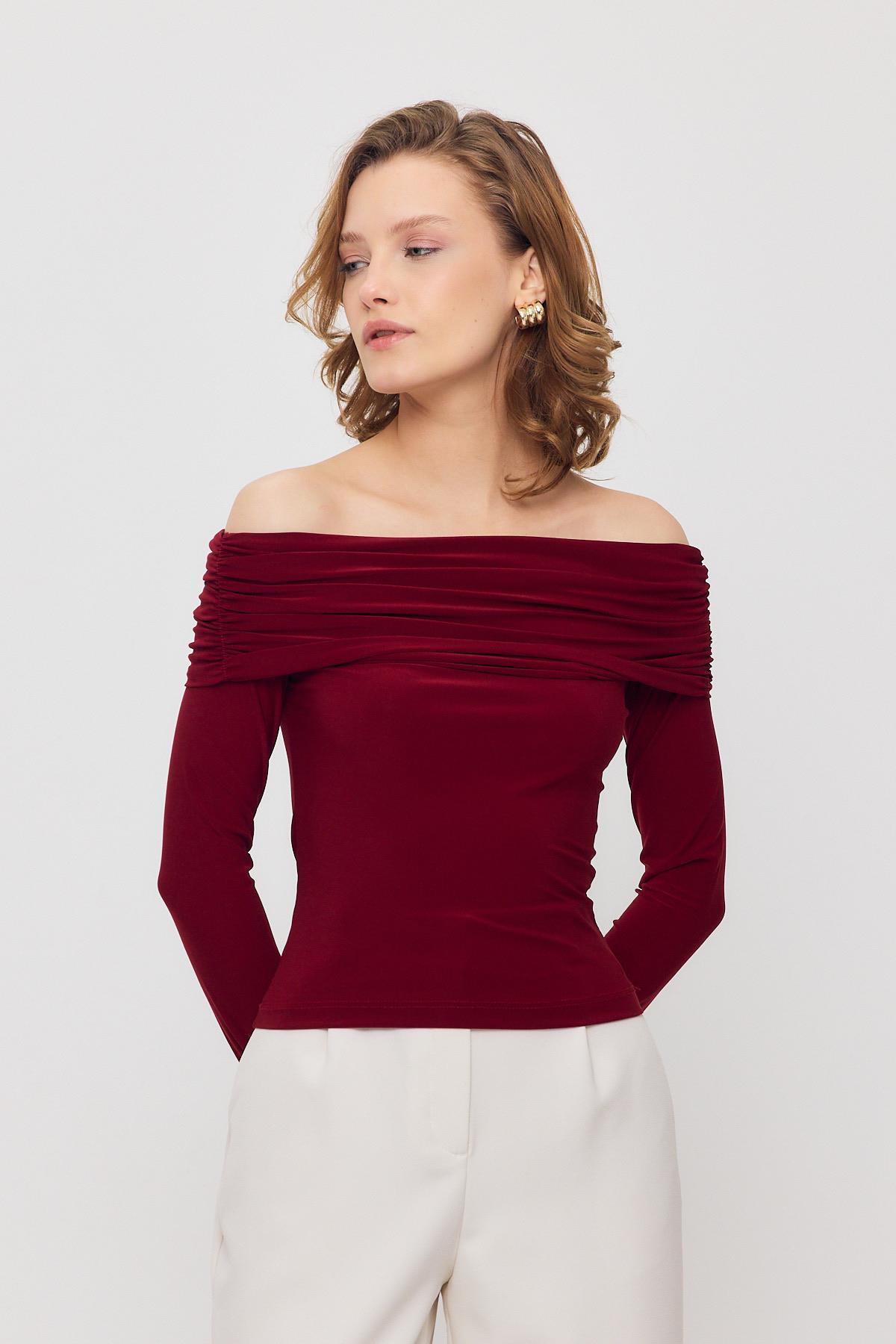 Bordo Madonna Yaka Büzgülü Bluz 12222 - 3