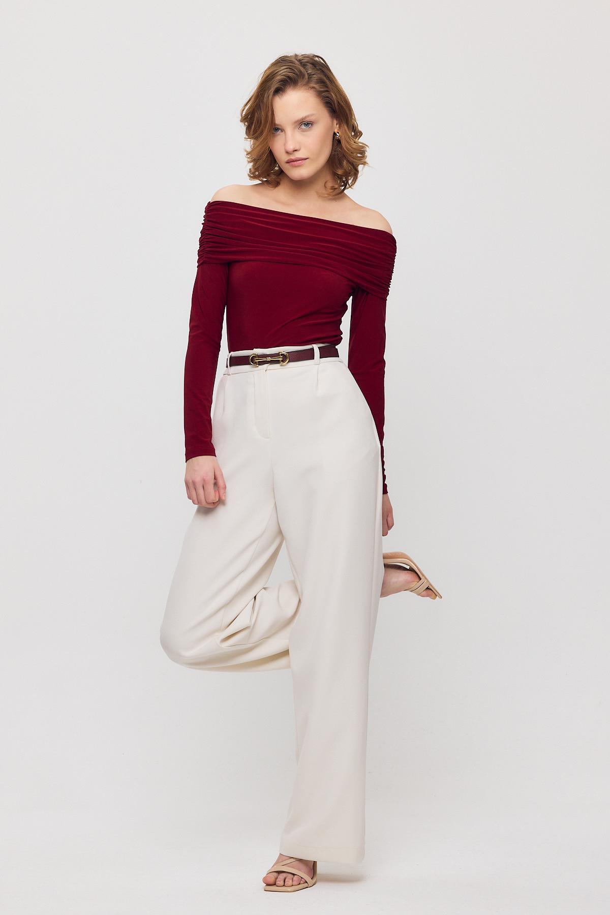 Bordo Madonna Yaka Büzgülü Bluz 12222 - 6