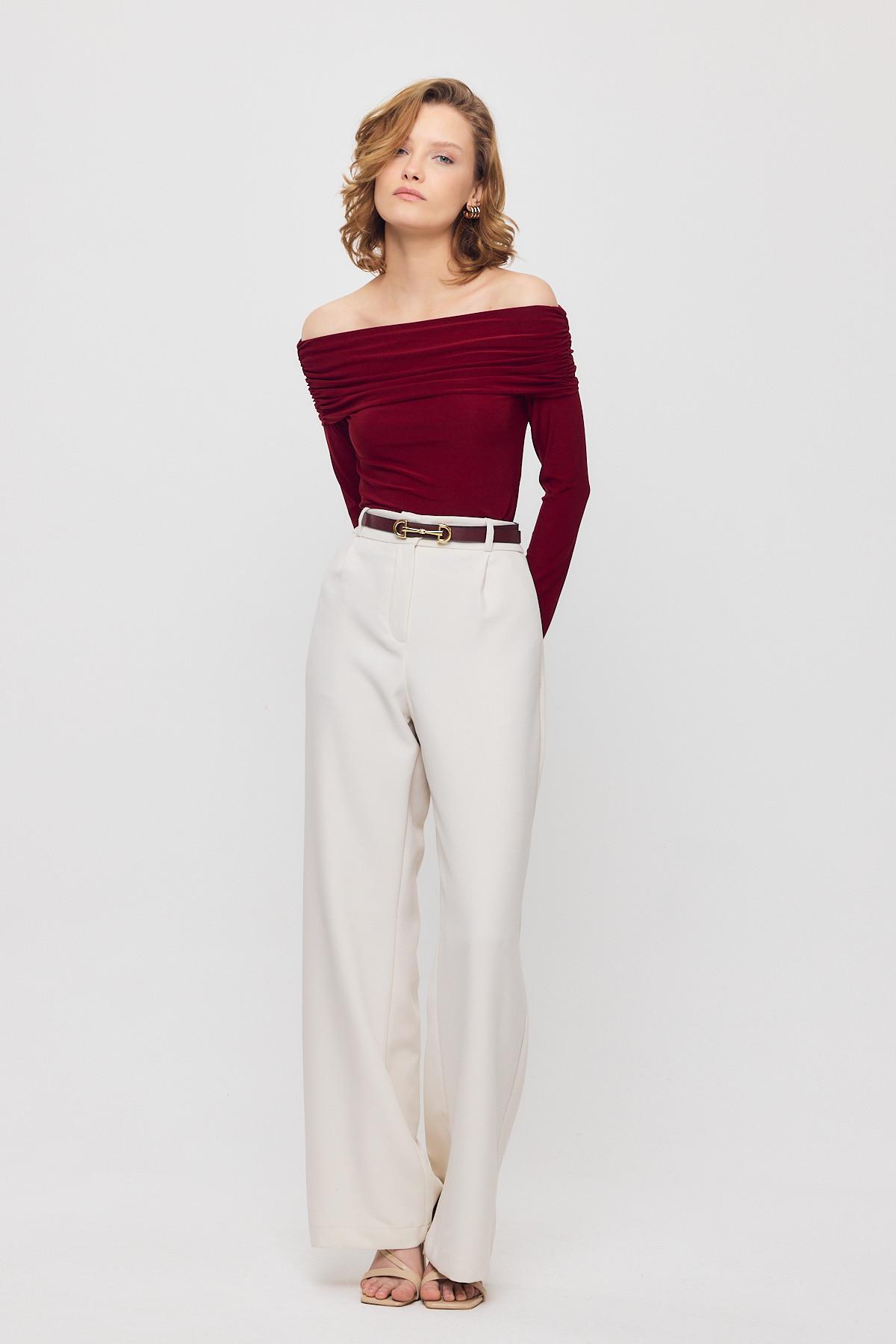 Bordo Madonna Yaka Büzgülü Bluz 12222 - 8