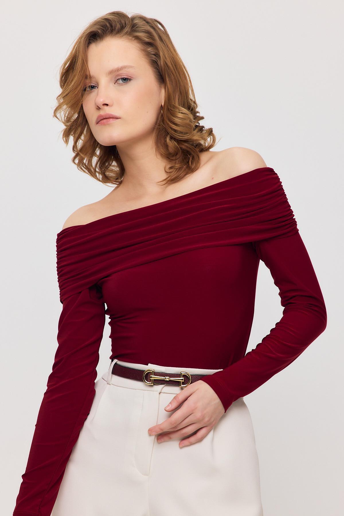 Bordo Madonna Yaka Büzgülü Bluz 12222 - 2