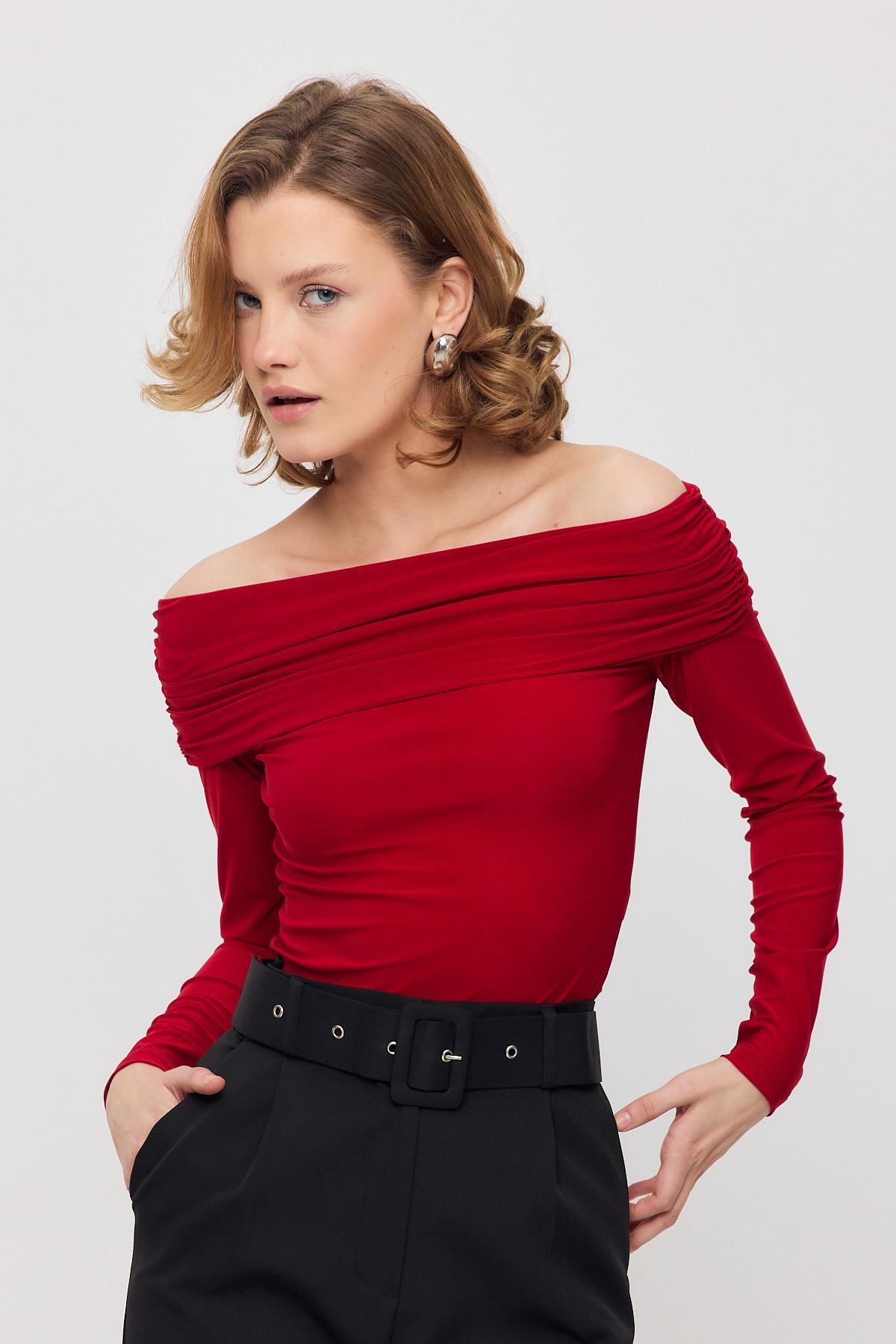 12222 Madonna Yaka Büzgülü Bluz Kırmızı - 7