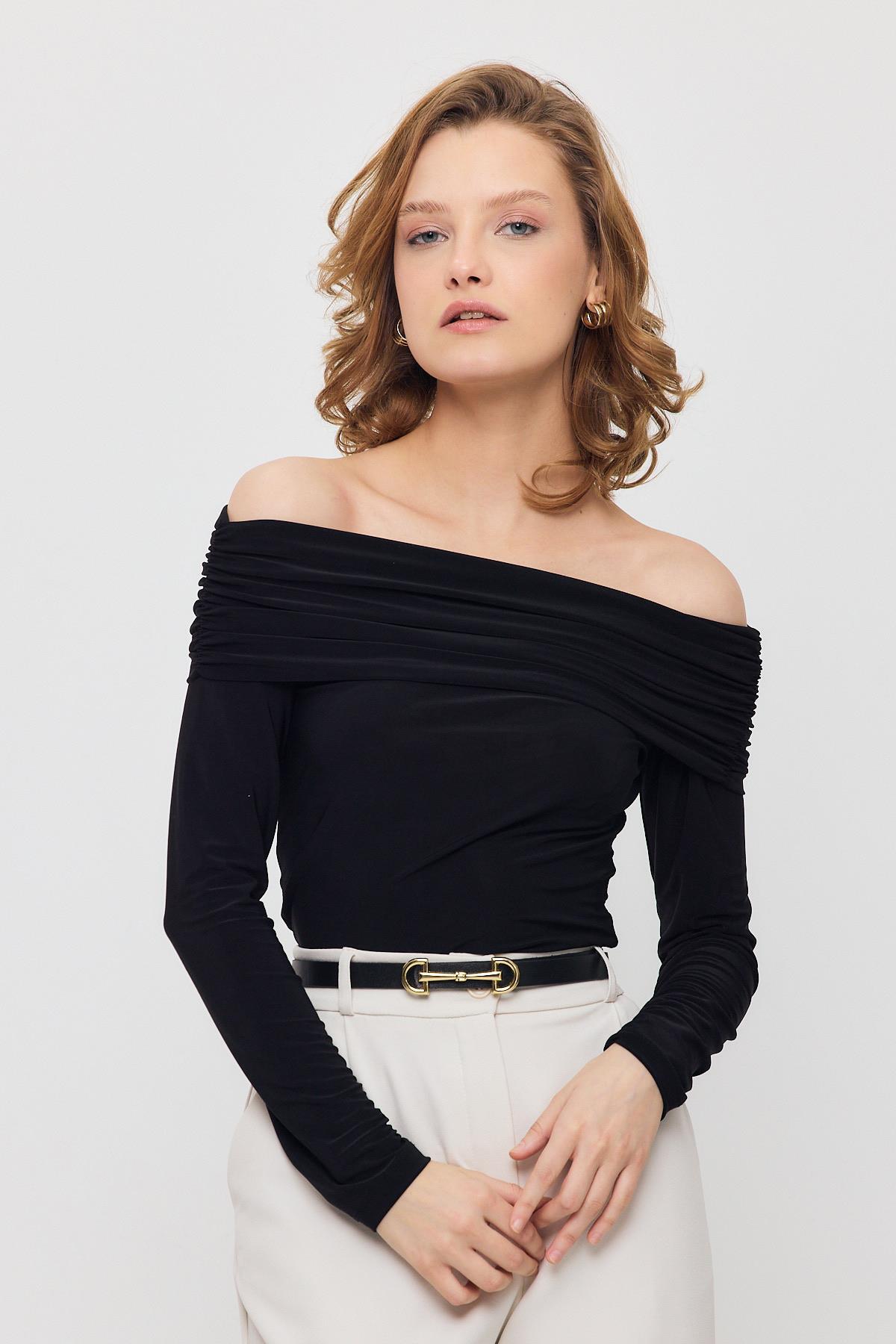 12222 Madonna Yaka Büzgülü Bluz Siyah - 6