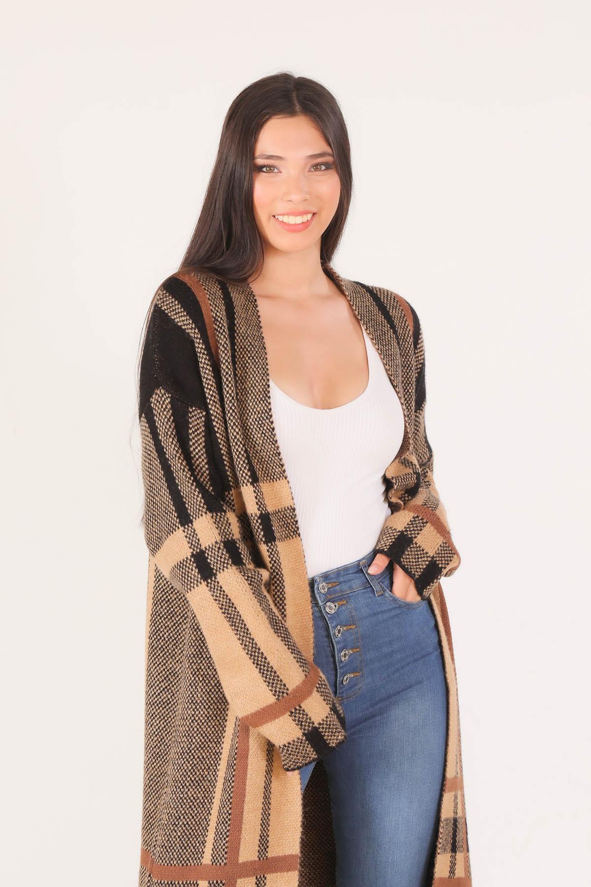 1270 Çizgili Uzun Hırka Bej 