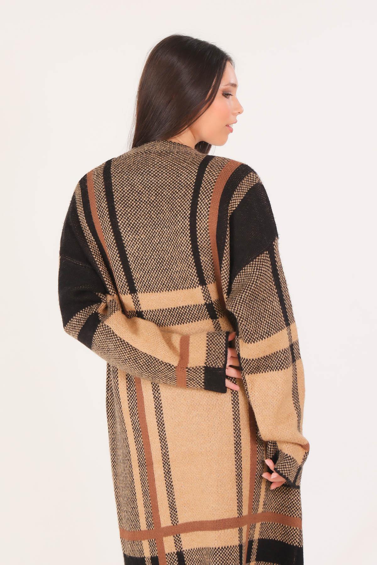 1270 Çizgili Uzun Hırka Bej - 3