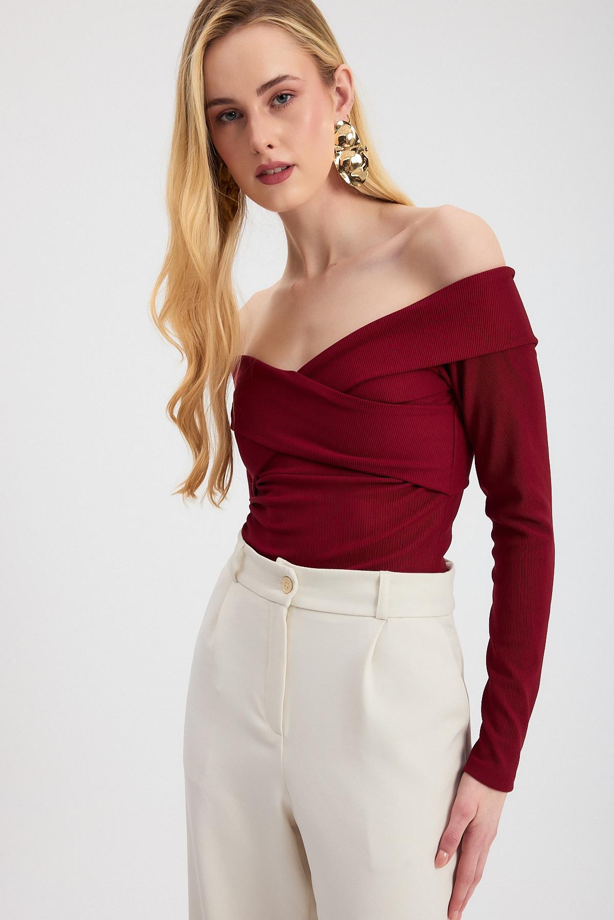 12748 Çapraz Madonna Yaka Bluz Bordo - RAYS