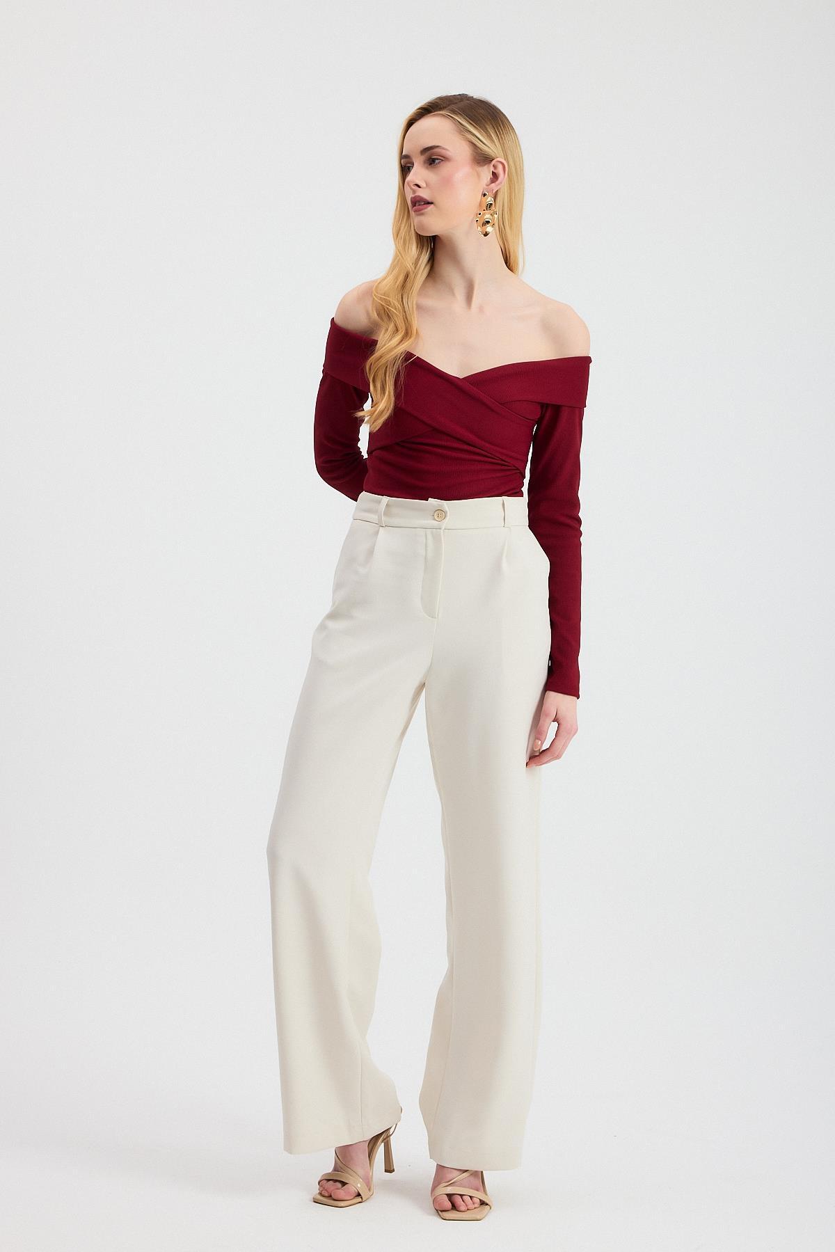 12748 Çapraz Madonna Yaka Bluz Bordo - 6